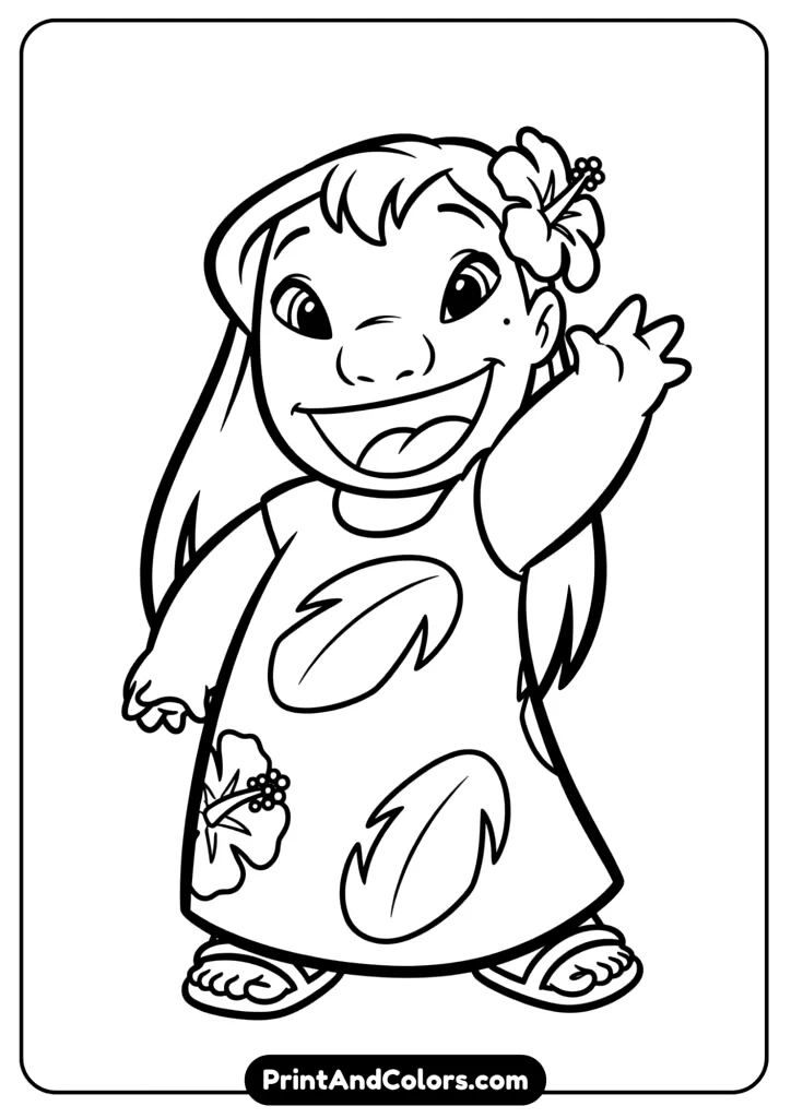 Simple line-art of Lilo in her iconic red hibiscus dress waving, designed with extra thick lines for young artists