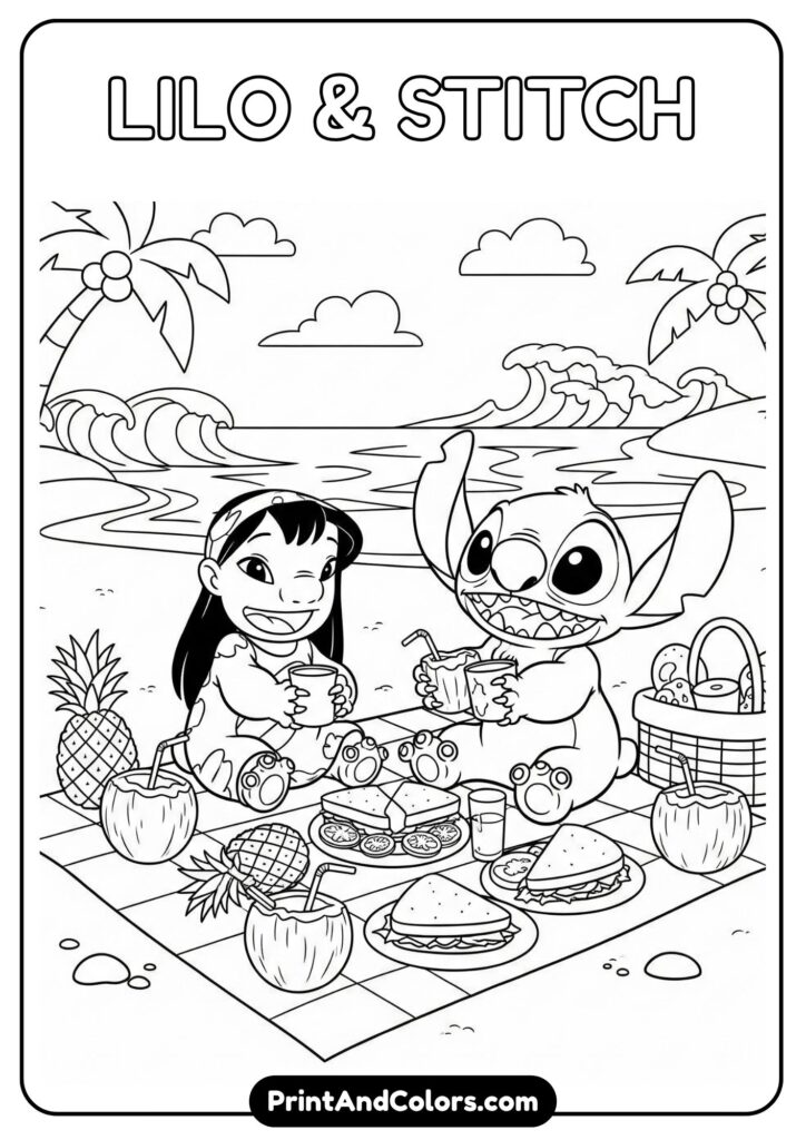 Lilo and Stitch having a beach picnic with pineapples, coconuts, and sandwiches spread out on a blanket, designed with fun, big outlines