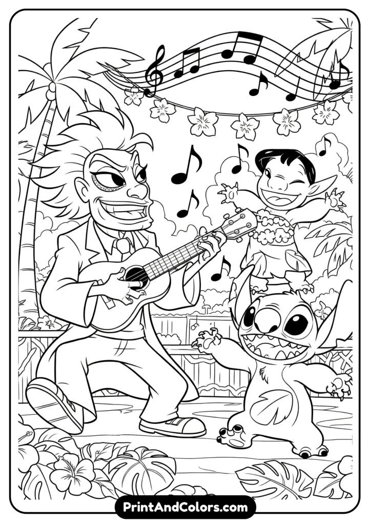 A fun party scene with Jumba playing a guitar while Lilo and Stitch dance, with music notes, lights, and a festive Hawaiian setting