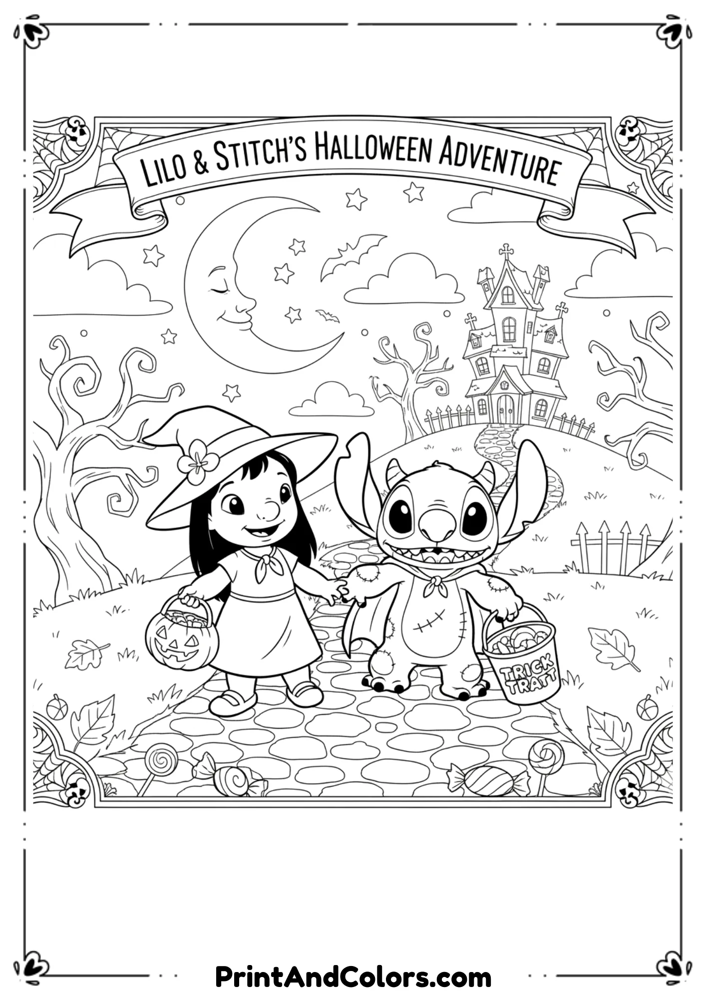 Lilo dressed as a witch and Stitch dressed as a monster walking with candy baskets under the moonlight in cartoon line art.