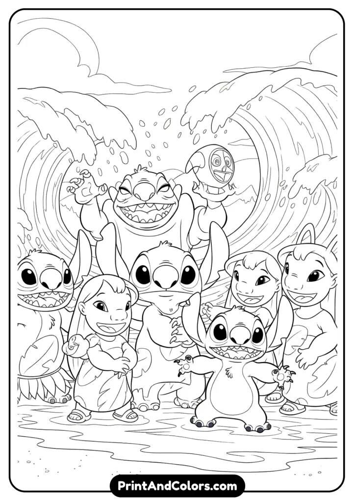 Group shot of Lilo, Stitch, Angel, Jumba, and Pleakley posing happily together on a Hawaiian beach with waves crashing behind