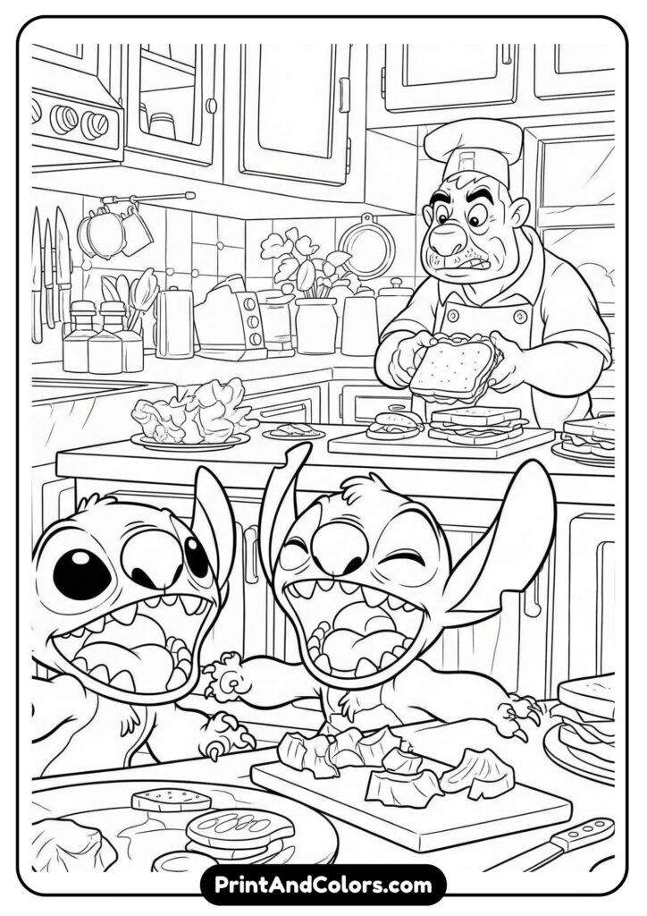 Stitch and Lilo laughing while Reuben makes sandwiches in the background, drawn in a joyful kitchen scene with cartoon detail