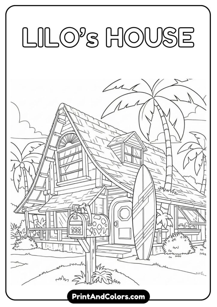 Detailed tropical-style house of Lilo from the outside, with a mailbox, surfboard, and palm trees, as seen in the animated movie
