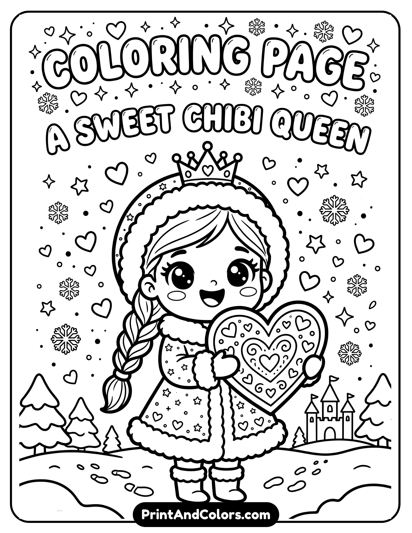 Adorable chibi Elsa holding a large heart shape, smiling sweetly with oversized cartoon eyes, simple winter dress and braid, surrounded by tiny hearts and snowflakes, black and white easy coloring page with thick preschool-friendly outlines.