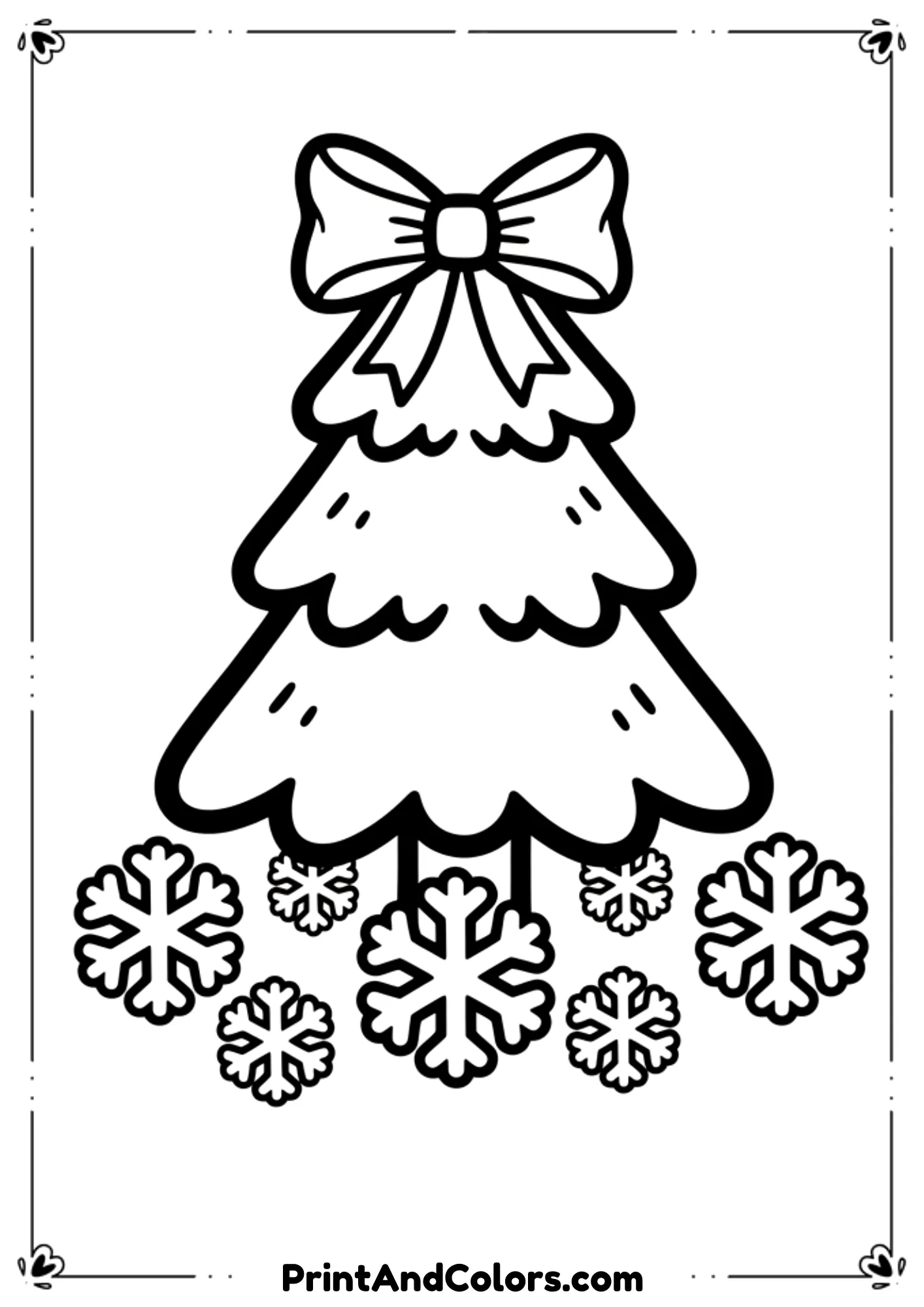  Simple cute Christmas tree topped with a big bow, surrounded by easy snowflake shapes. Thick bold outlines, very simple for preschoolers.