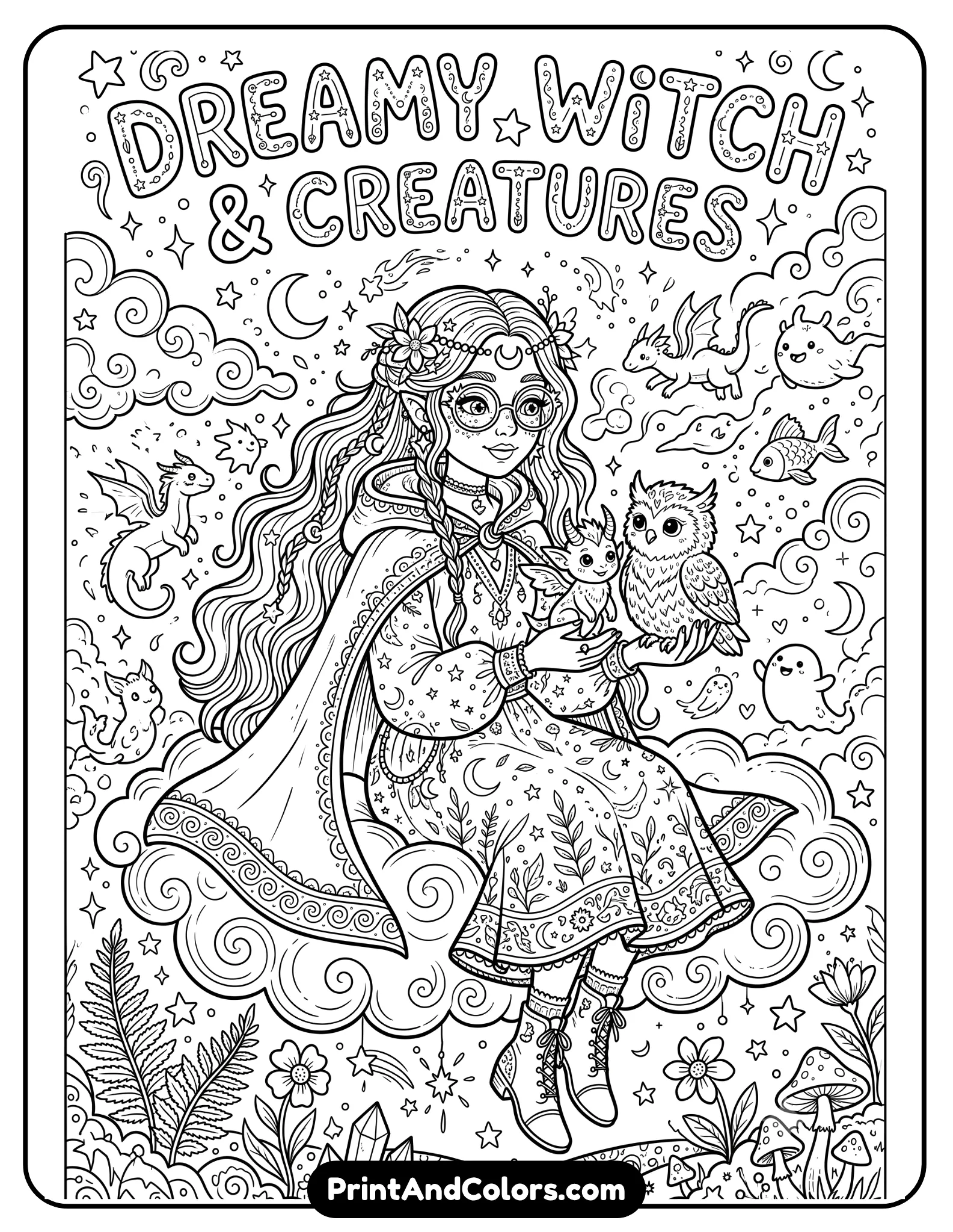Detailed black and white coloring page of a dreamy young witch with long hair wearing quirky glasses and holding magical creatures in her hands. Include stars, moons, floating creatures, magical clouds, and whimsical fantasy details. Clean printable line art with decorative patterns and fantasy style