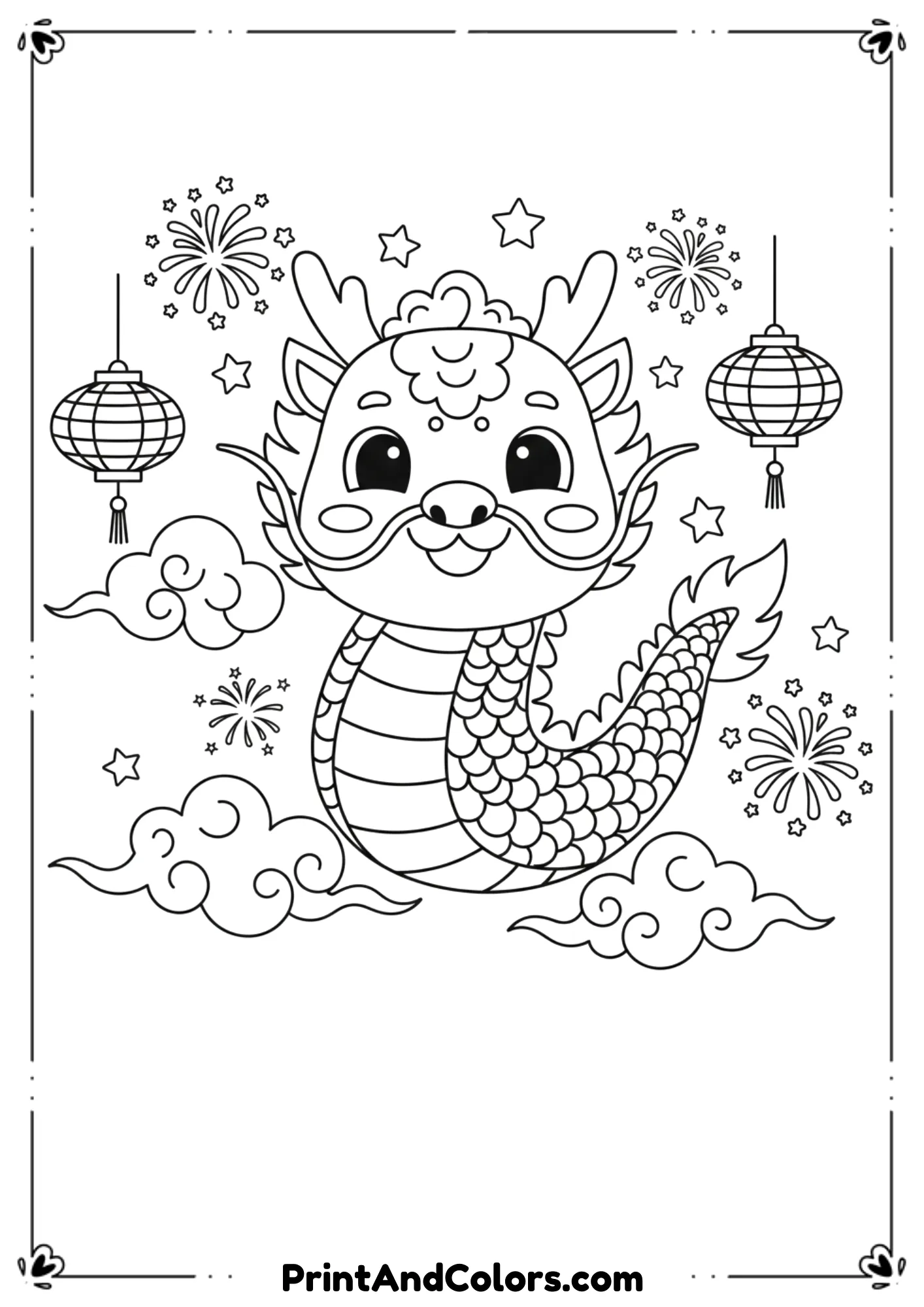 Kid-friendly black and white line art of a cheerful Lunar New Year dragon with simple scales, clouds, fireworks, and lanterns. Cute expression, bold outlines, no shading, designed for easy coloring by kids.
