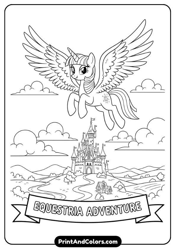 Create a detailed black and white line art coloring page of Alicorn Twilight Sparkle flying over Equestria with wings spread wide, castle and clouds below. Clean bold outlines, no shading, printable coloring sheet