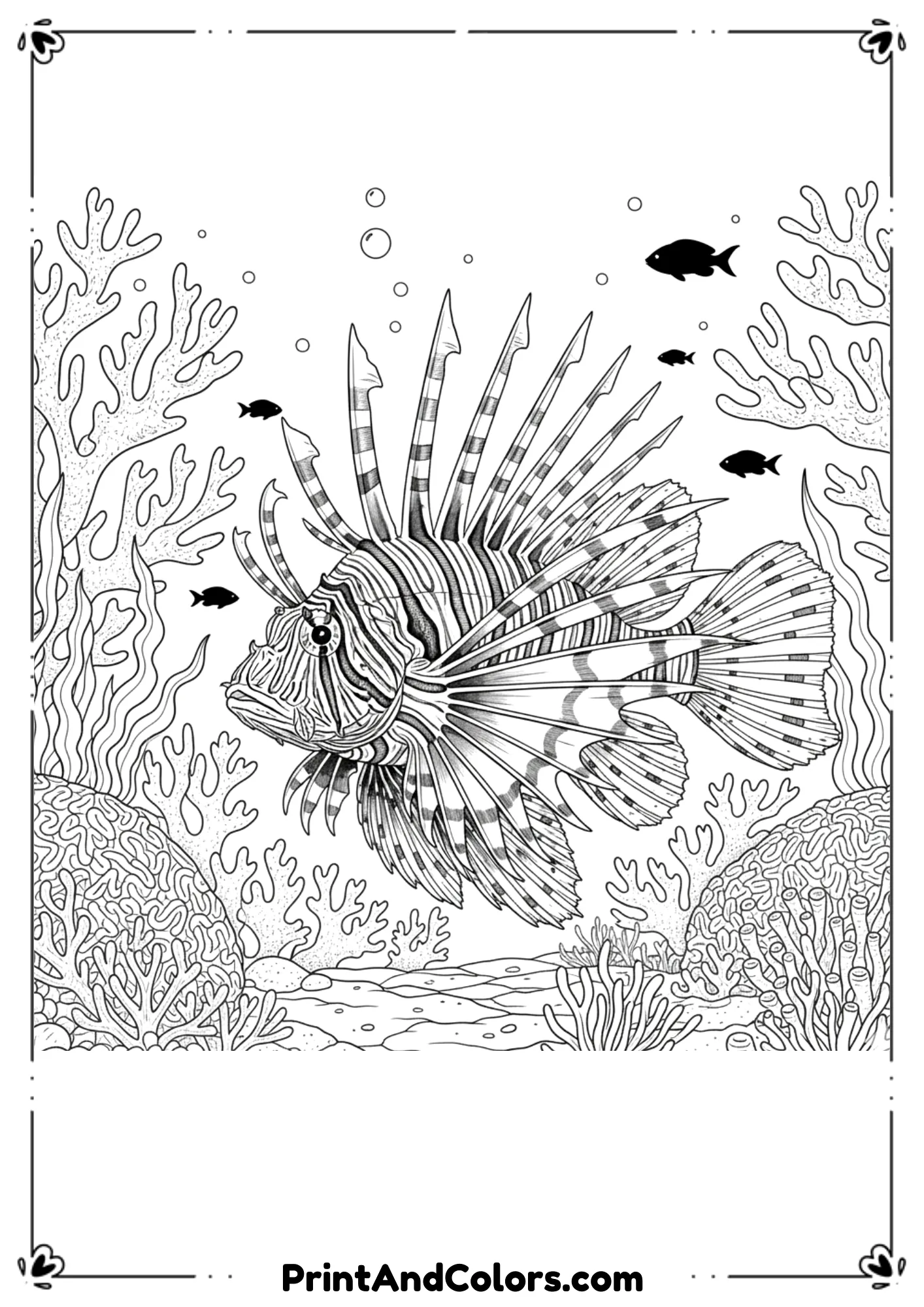 Detailed lionfish with long spiky fins spread wide. Add coral branches, small fish silhouettes, and ocean plants. Clean, elegant black line work.