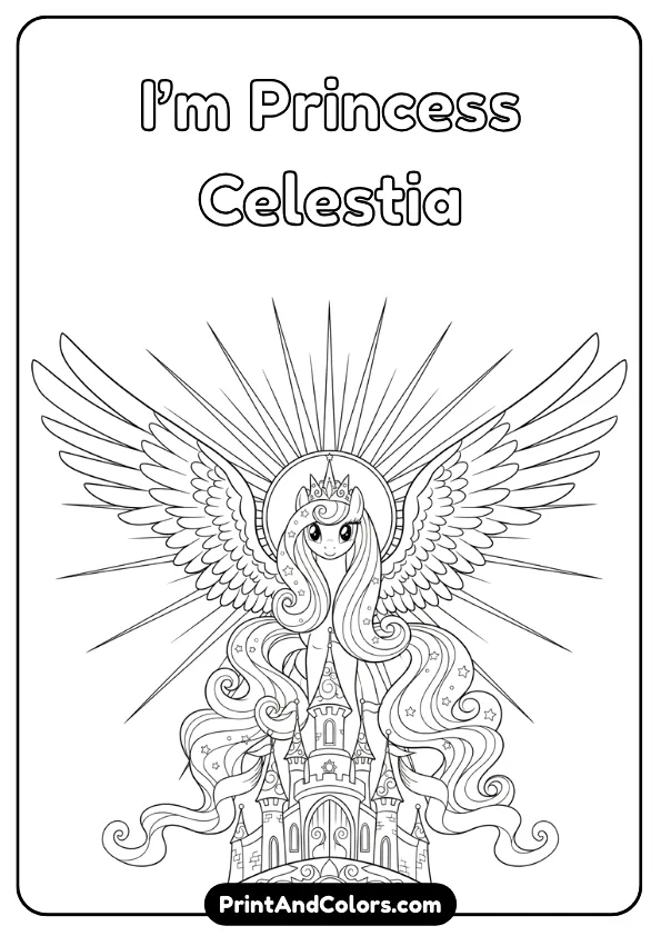A majestic black and white line art coloring page of Princess Celestia with large wings spread, flowing mane, and royal crown. Sun rays and castle elements, clean bold outlines.