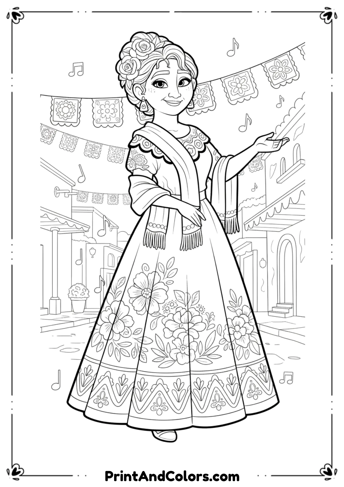 Black and white outline of Mamá Imelda Rivera in her elegant dress, Coco character in graceful pose, designed as coloring sheet