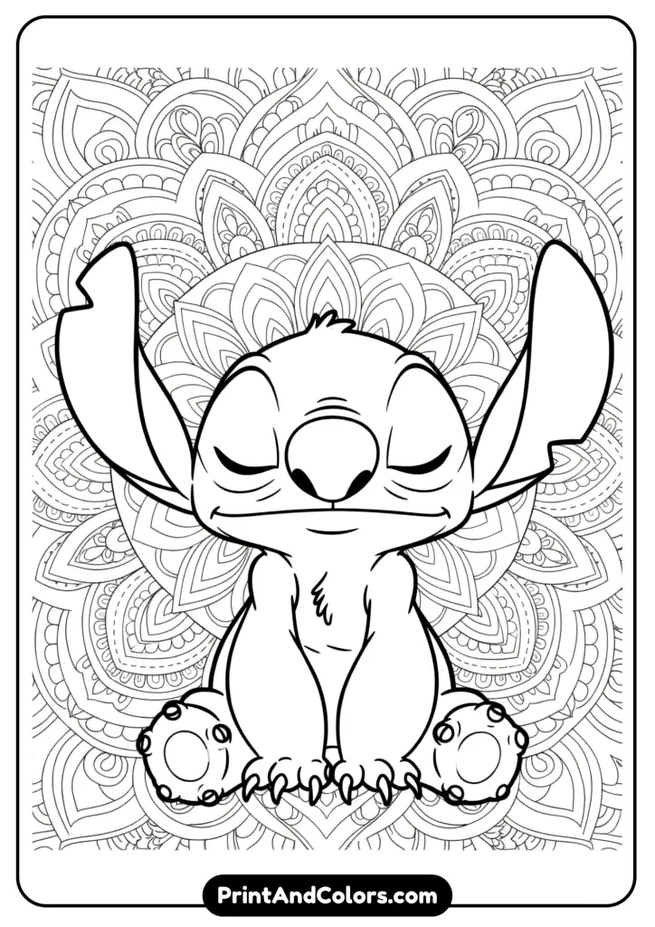 Intricate mandala background with Stitch in the center meditating
