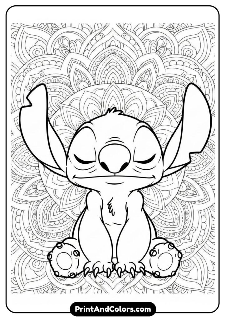 Intricate mandala background with Stitch in the center meditating
