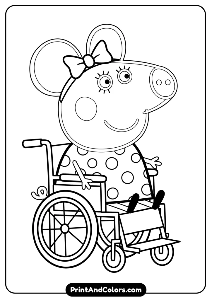 Line art of Mandy Mouse sitting in a wheelchair and smiling. Simple and friendly design suitable for coloring.
