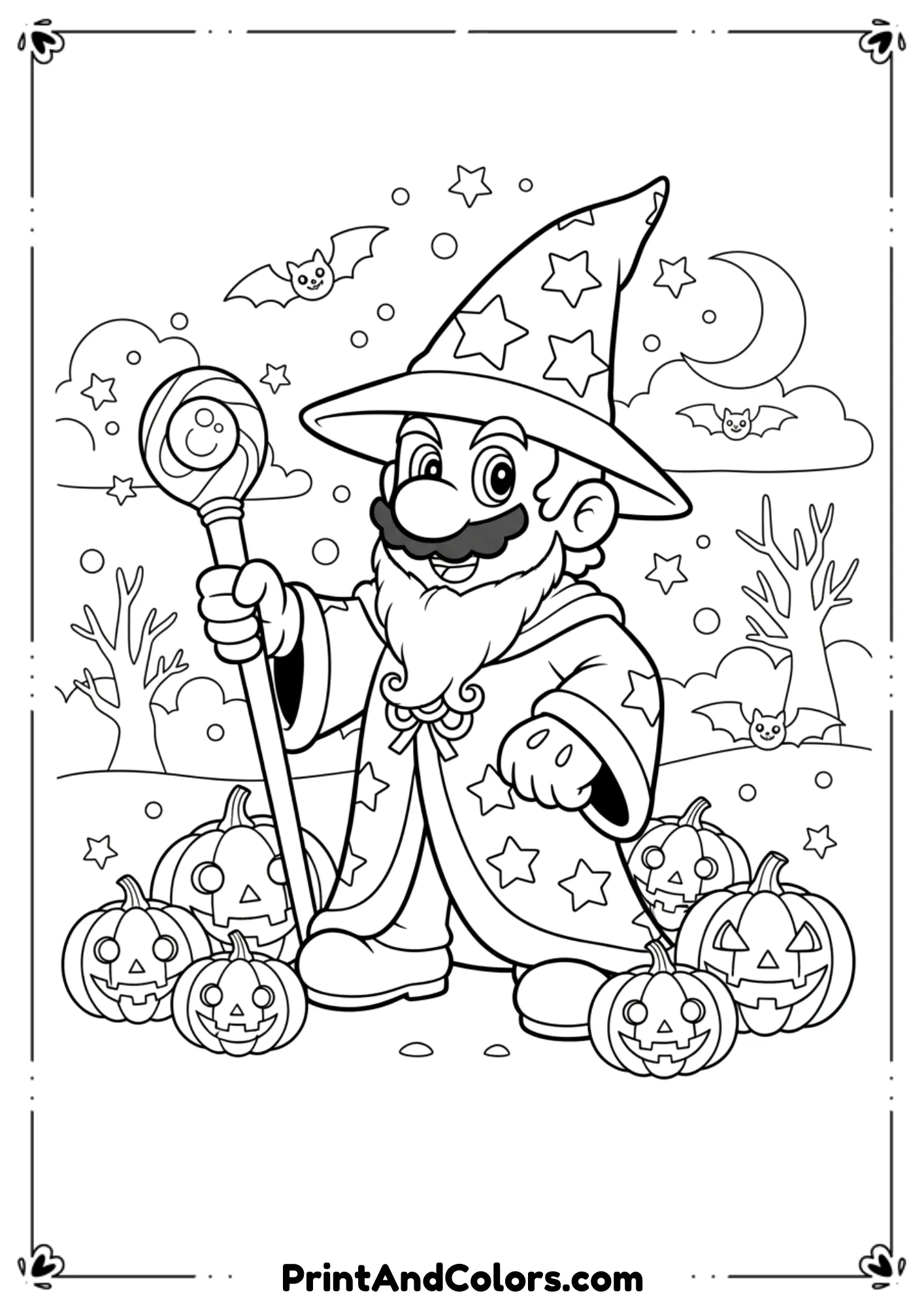 Super Mario dressed as a wizard with pumpkins, stars, and bats in black-and-white line art.
