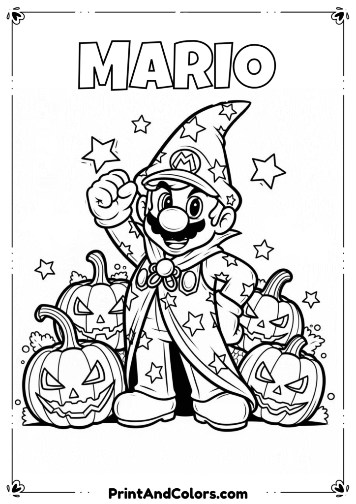 Super Mario dressed as a wizard with pumpkins, stars, and bats in black-and-white line art.