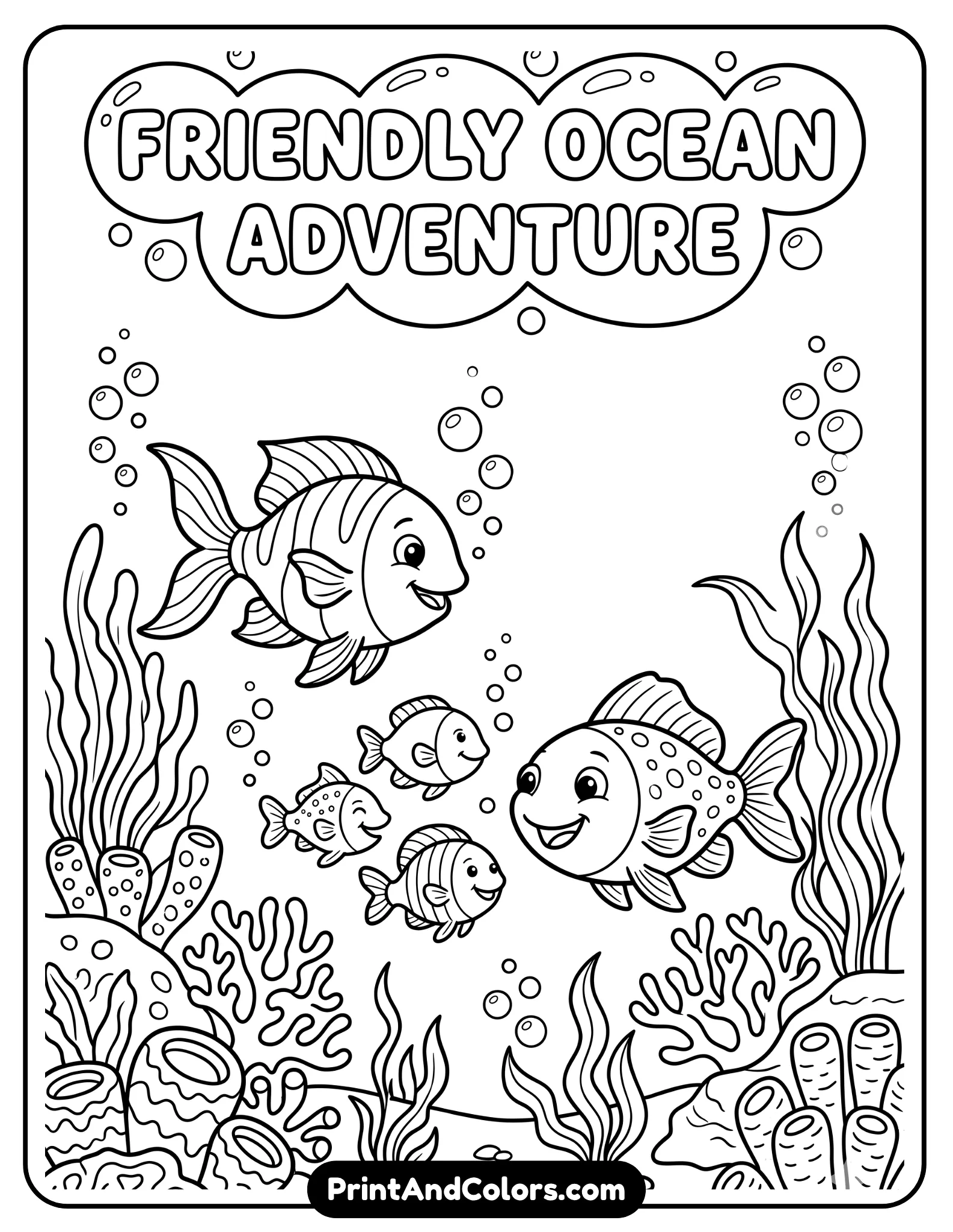 Black and white line art of two friendly fish interacting with a small group of ocean fish, all smiling and swimming together. Background includes simple coral, bubbles, and sea plants. Clean bold outlines, no shading, kid-friendly composition with open spaces for coloring
