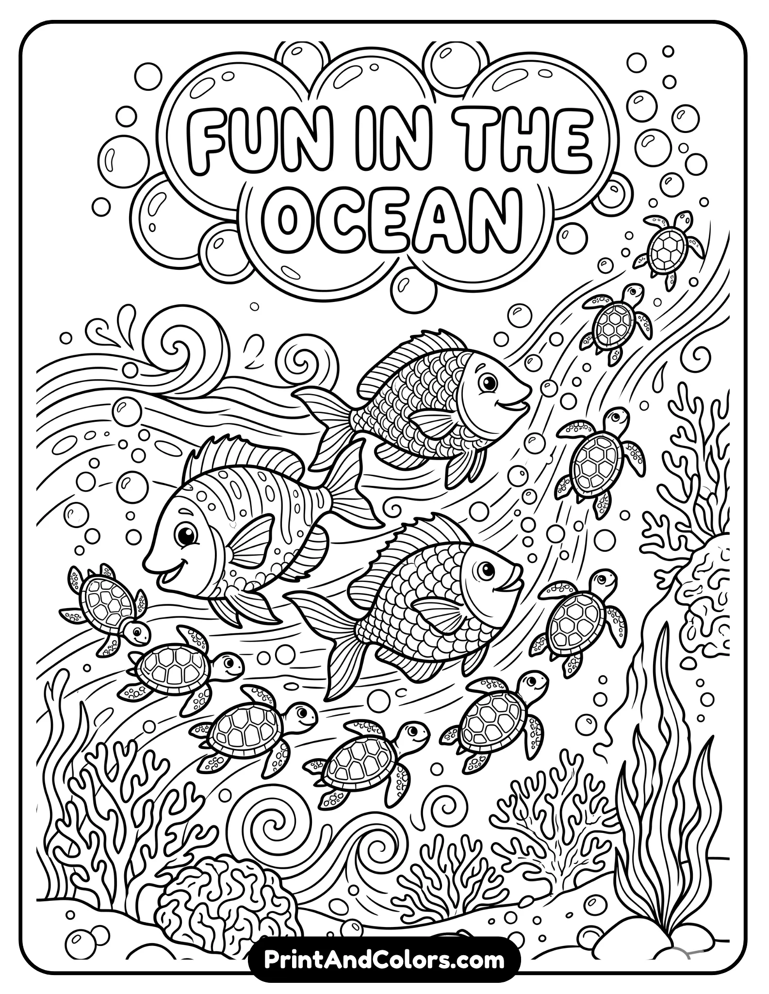 Line art of two fish swimming with a group of small sea turtles, surrounded by ocean currents, bubbles, and simple coral shapes. Fun and lively composition