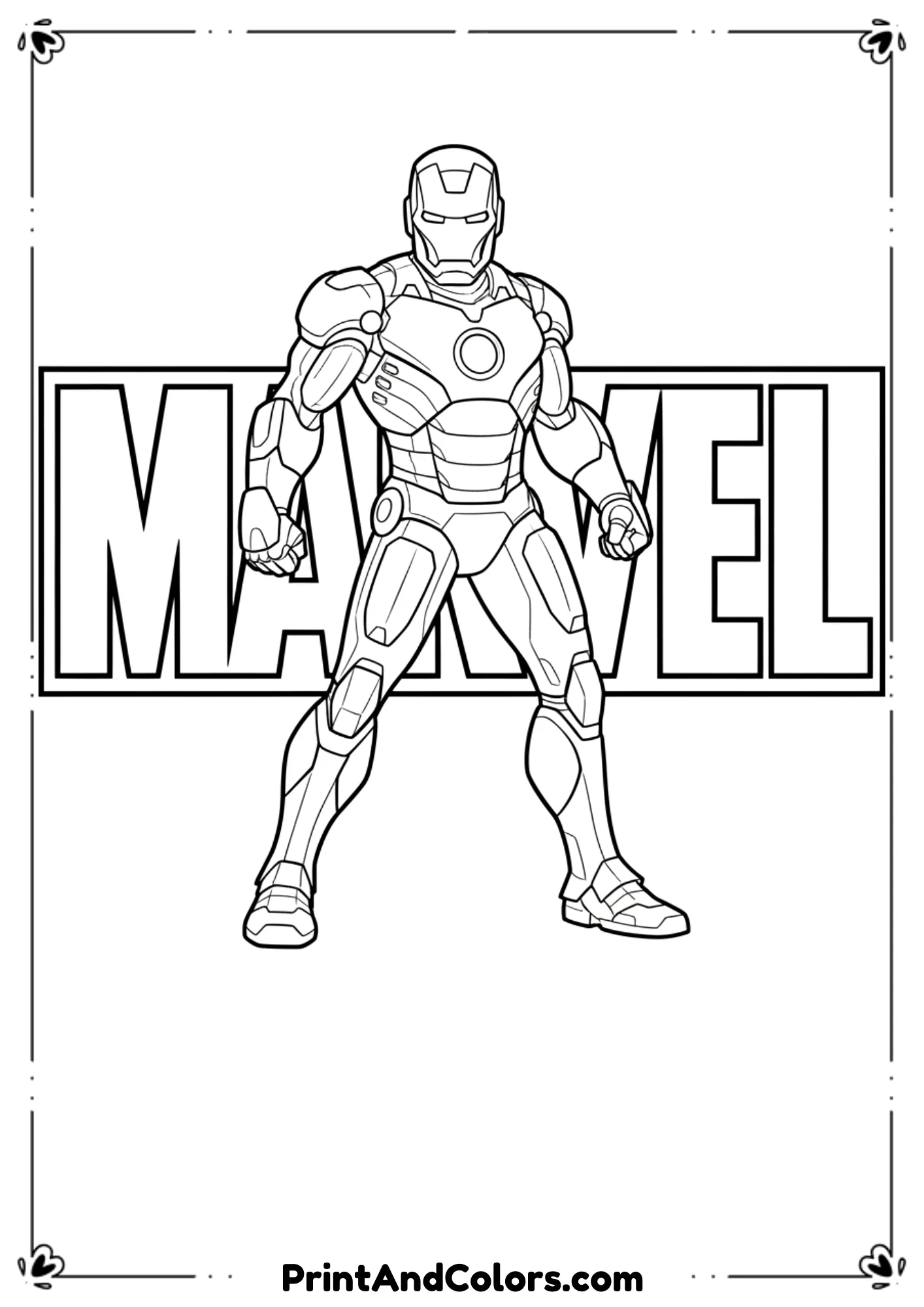 Outline art of Iron Man with the Marvel logo behind, clean superhero design.
