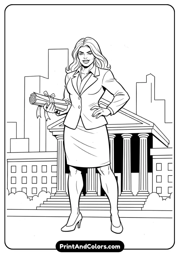 She-Hulk in business suit holding legal papers, confident expression, clean comic-style line-art, no shading.