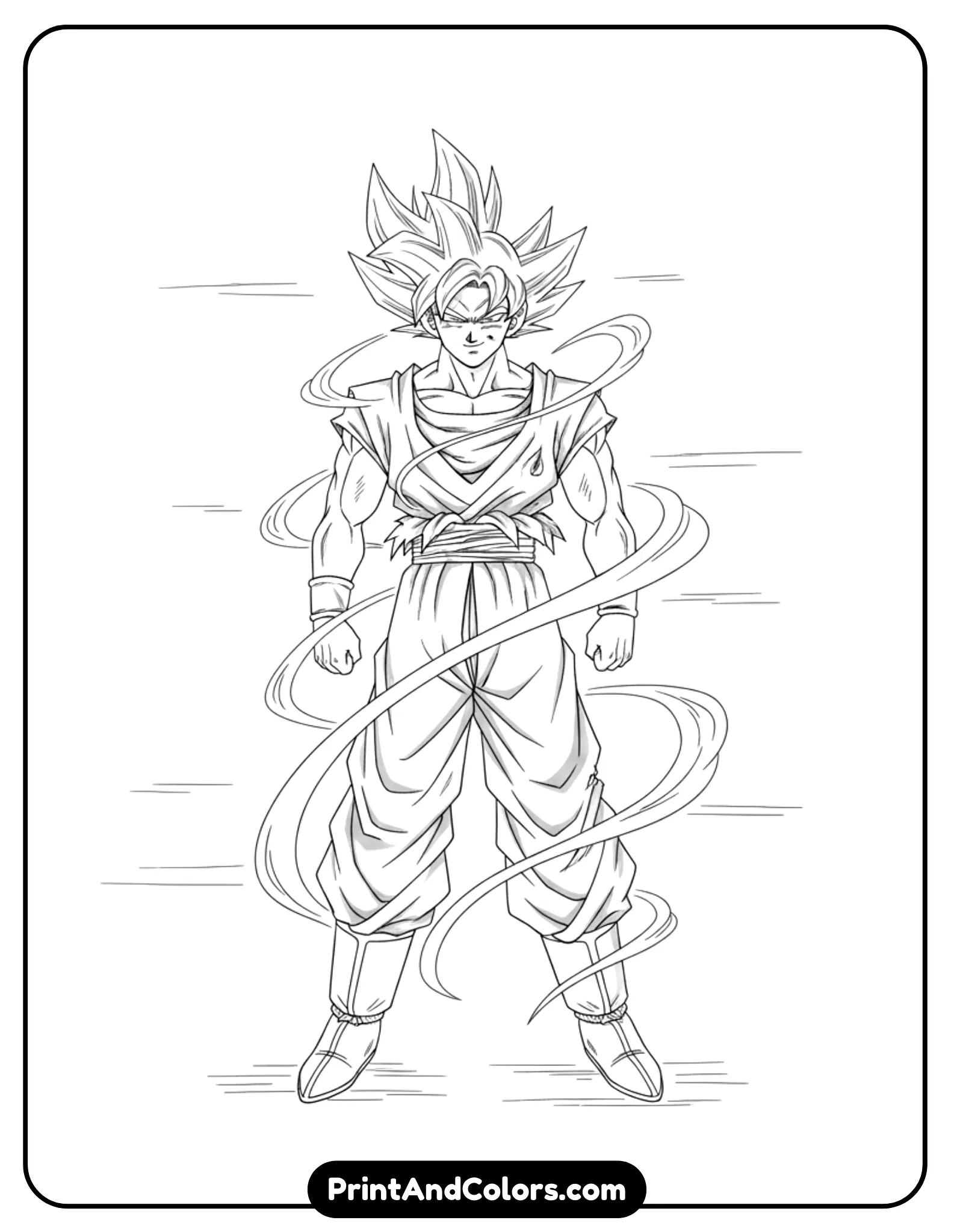 Create a refined and calm image of Mastered Ultra Instinct Goku standing tall with relaxed posture. His expression is peaceful yet powerful, energy lines flowing smoothly around him. Clean black outlines, no grayscale, minimalist background.