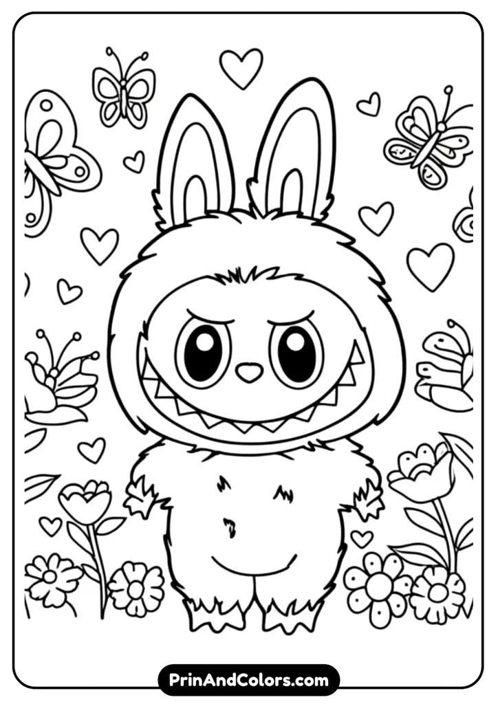 Labubu standing in a flower garden with butterflies and floating hearts around, outlined in clean black and white art for coloring