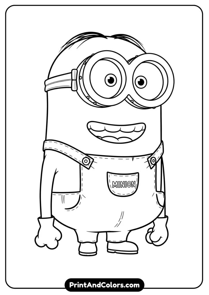 Cartoon-style oversized Mega Minion Dave in black-and-white outline, suitable for coloring