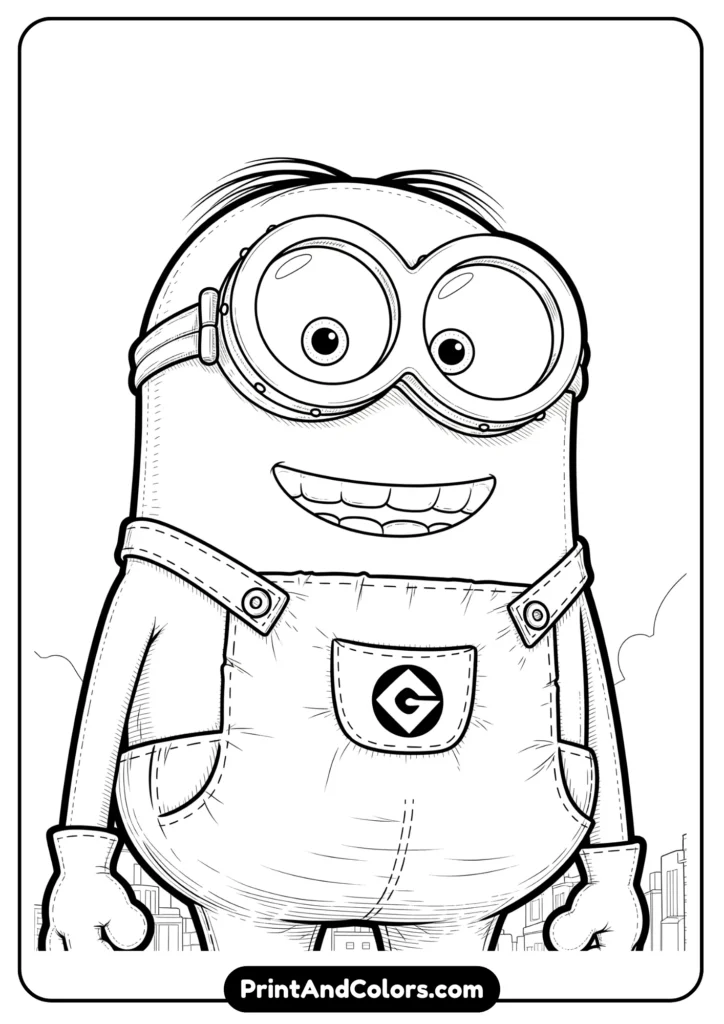 Cartoon line drawing of giant-size Mega Minion Jerry, outlined in black and white