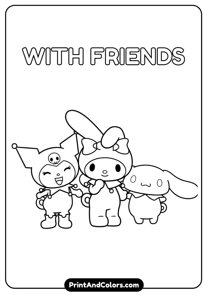 My Melody, Kuromi, and Cinnamoroll standing together smiling, cartoon style, black and white outline, no colors, clean background