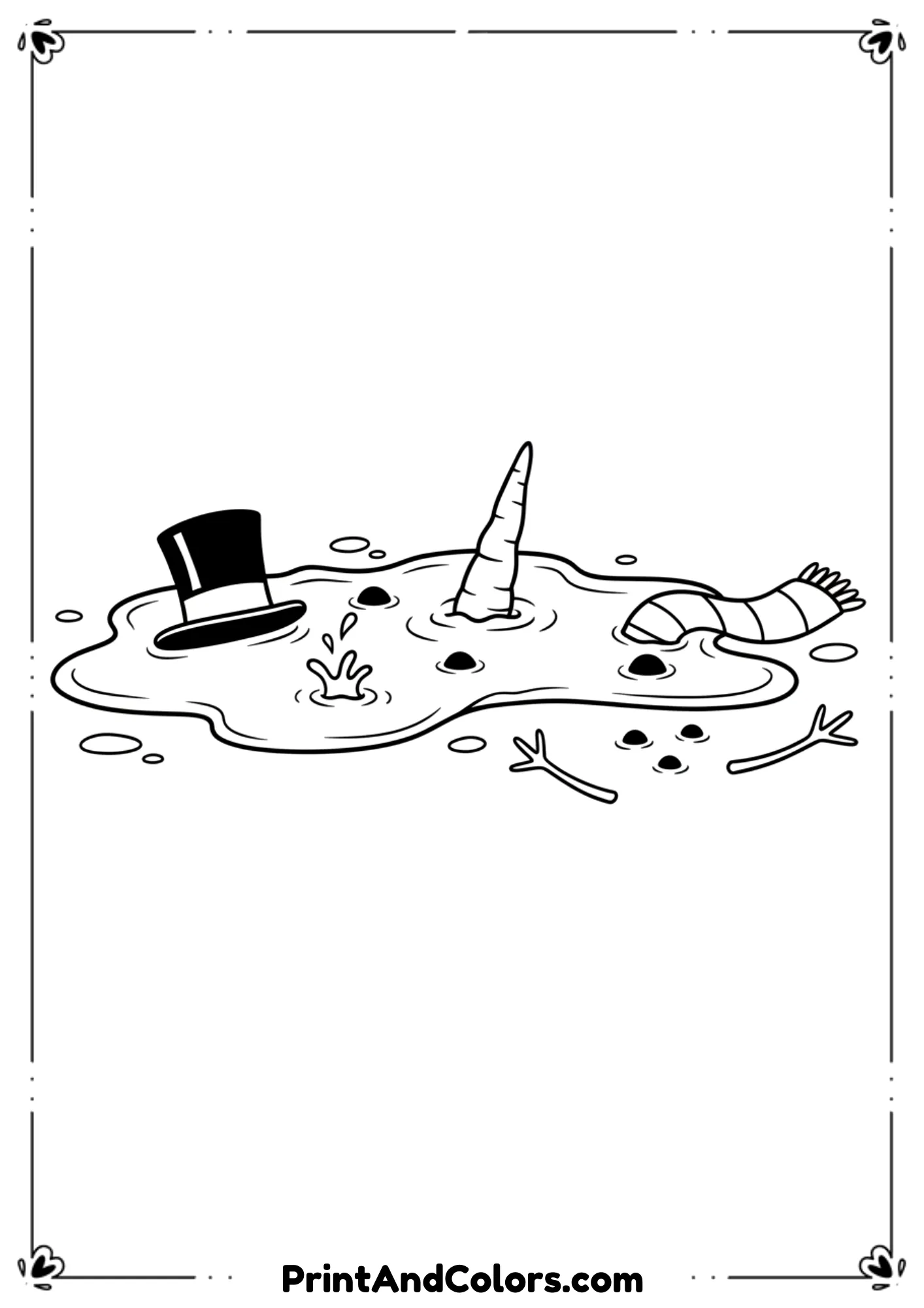 Funny melted snowman puddle with carrot nose, hat floating, stick arms lying on ground. Humorous cartoon style.