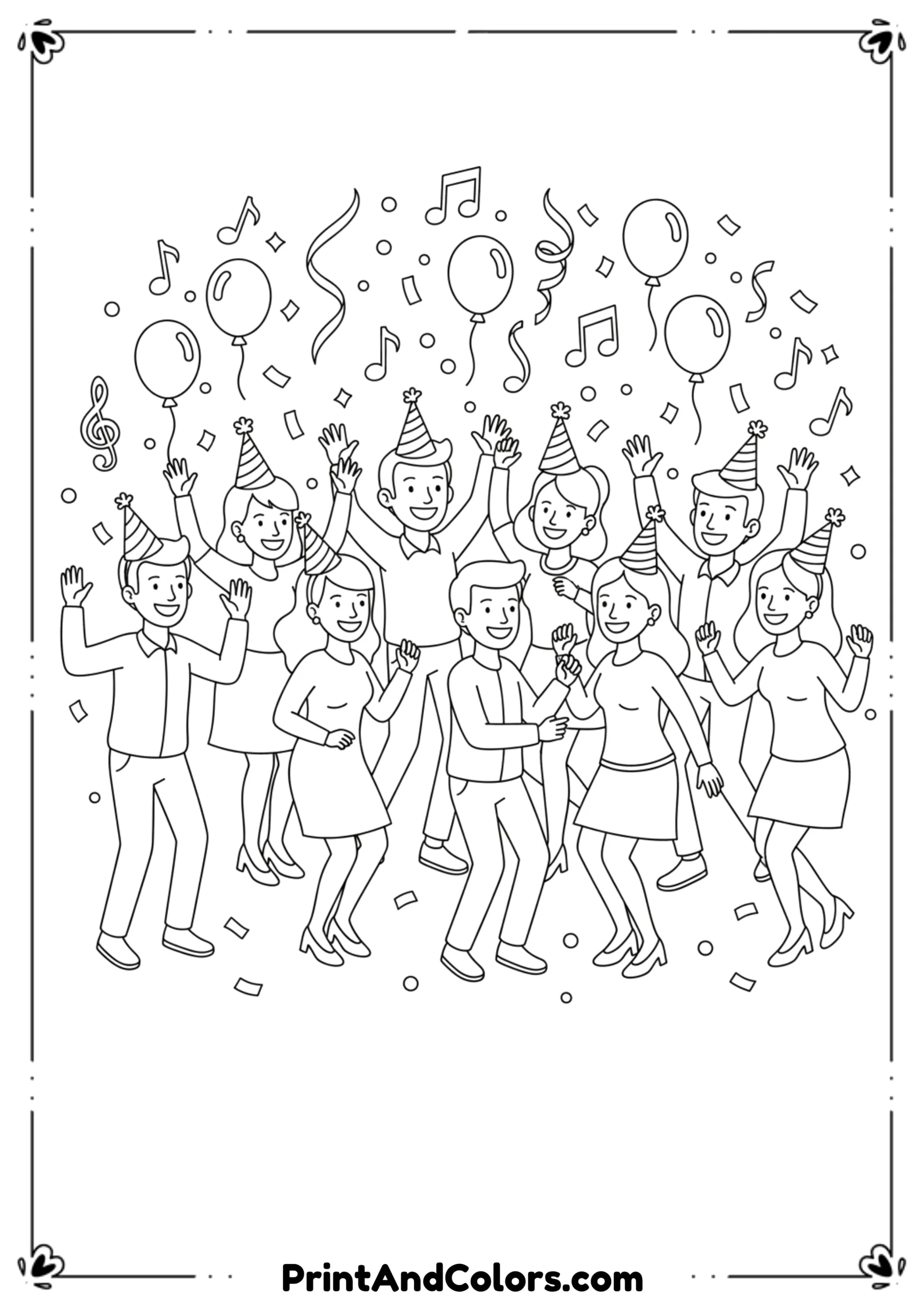  Black and white line drawing of men and women dancing happily at a New Year party with music notes, balloons, and streamers. Cartoon figures, simple movements, bold outlines, easy coloring areas.
