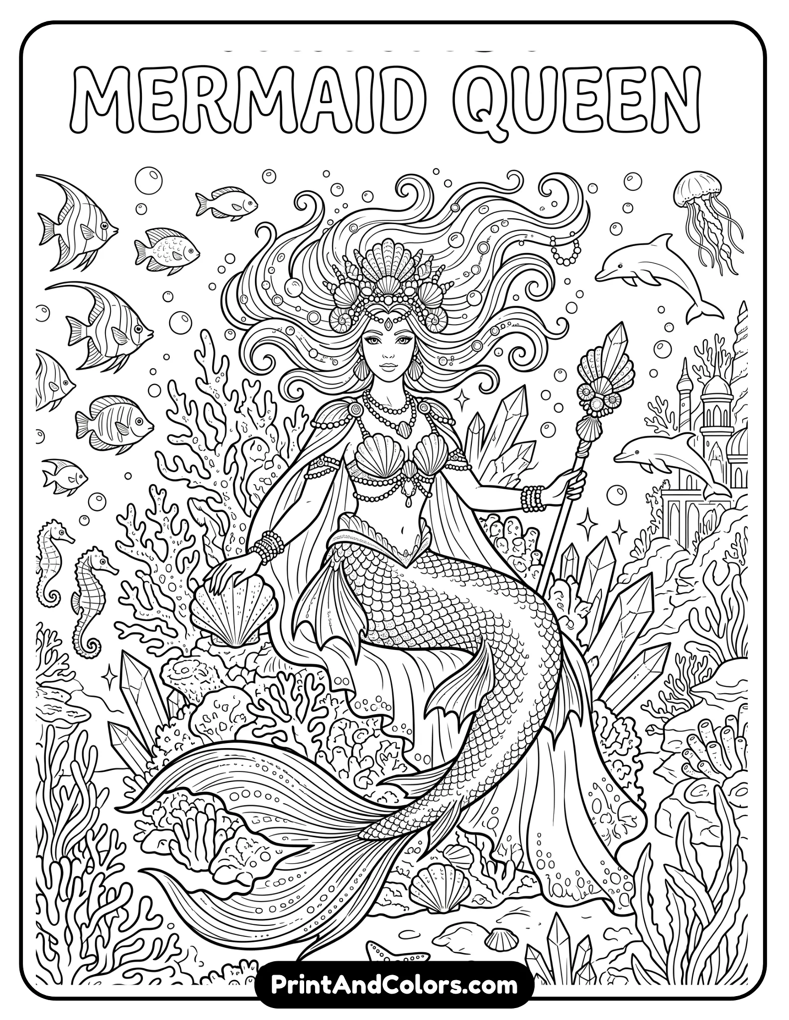 Fantasy mermaid Elsa coloring page in black and white line art, Elsa with a shimmering mermaid tail, flowing underwater hair, seashell crown, surrounded by fish, bubbles, coral reefs, and underwater ice crystals, magical ocean theme, printable coloring book illustration with clean outlines