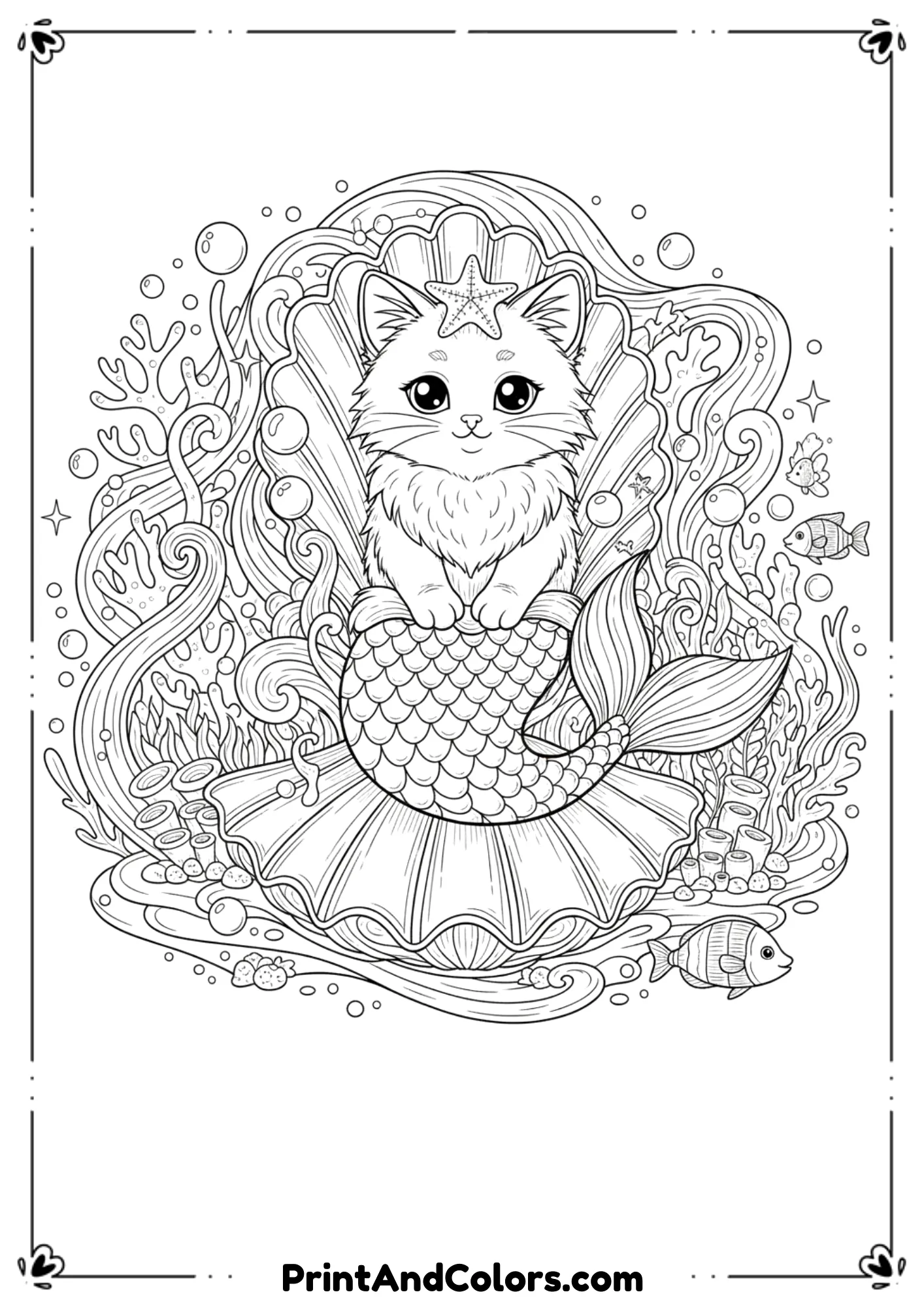  Fantasy mermaid kitten with fish tail sitting on a seashell under the sea, whimsical line art.
