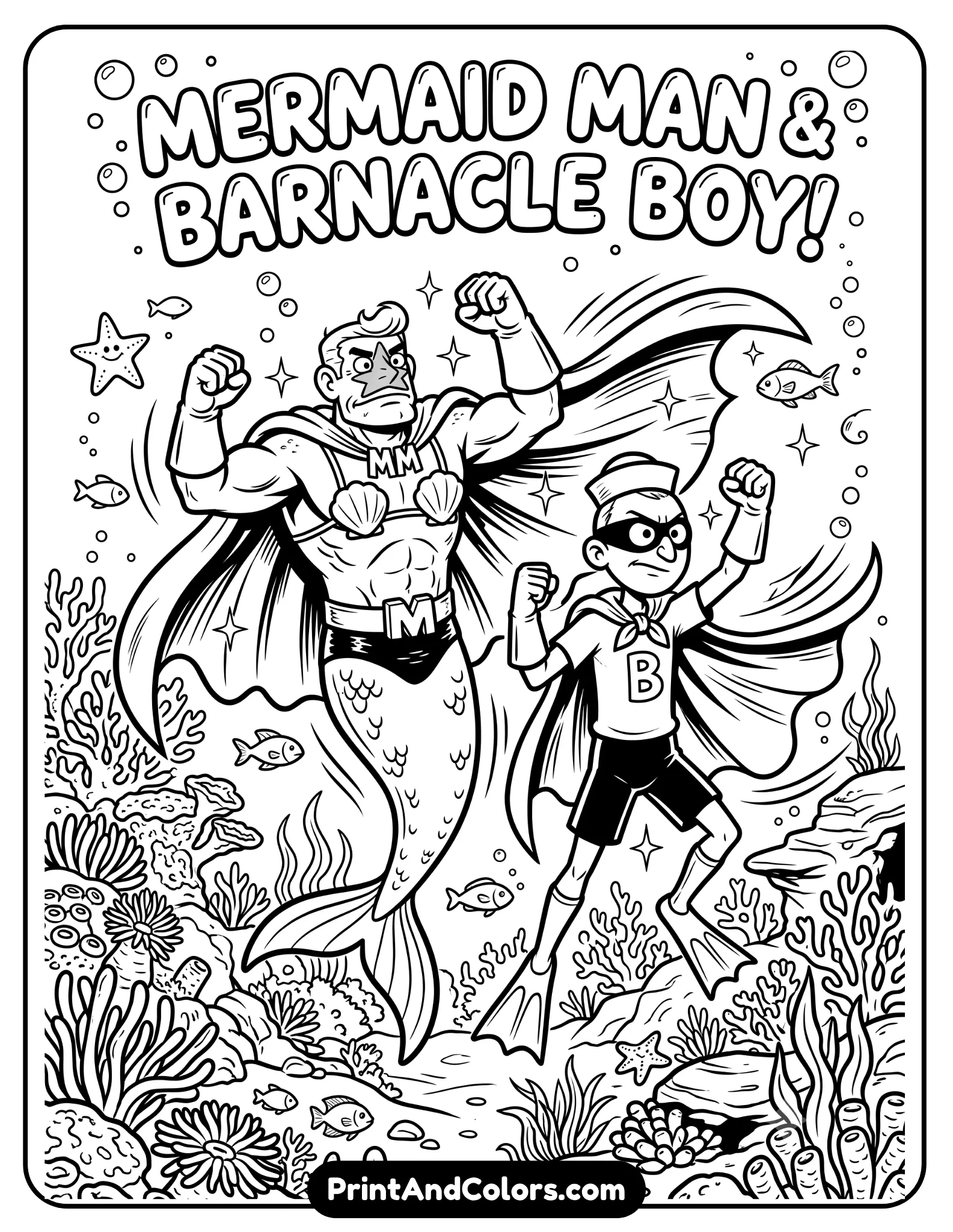 black and white coloring page of Mermaid Man and Barnacle Boy striking superhero poses underwater, flowing capes, heroic stance, comic-style action lines, coral reef background with bubbles, bold outlines, printable coloring sheet for kids with clear sections