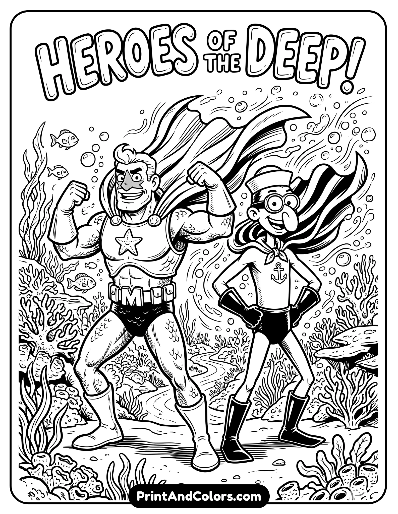 black and white line art of Mermaid Man and Barnacle Boy posing heroically together, superhero capes flowing underwater, comic-style action pose, bubbles, coral reefs, bold outlines, fun vintage cartoon look, printable coloring page for kids