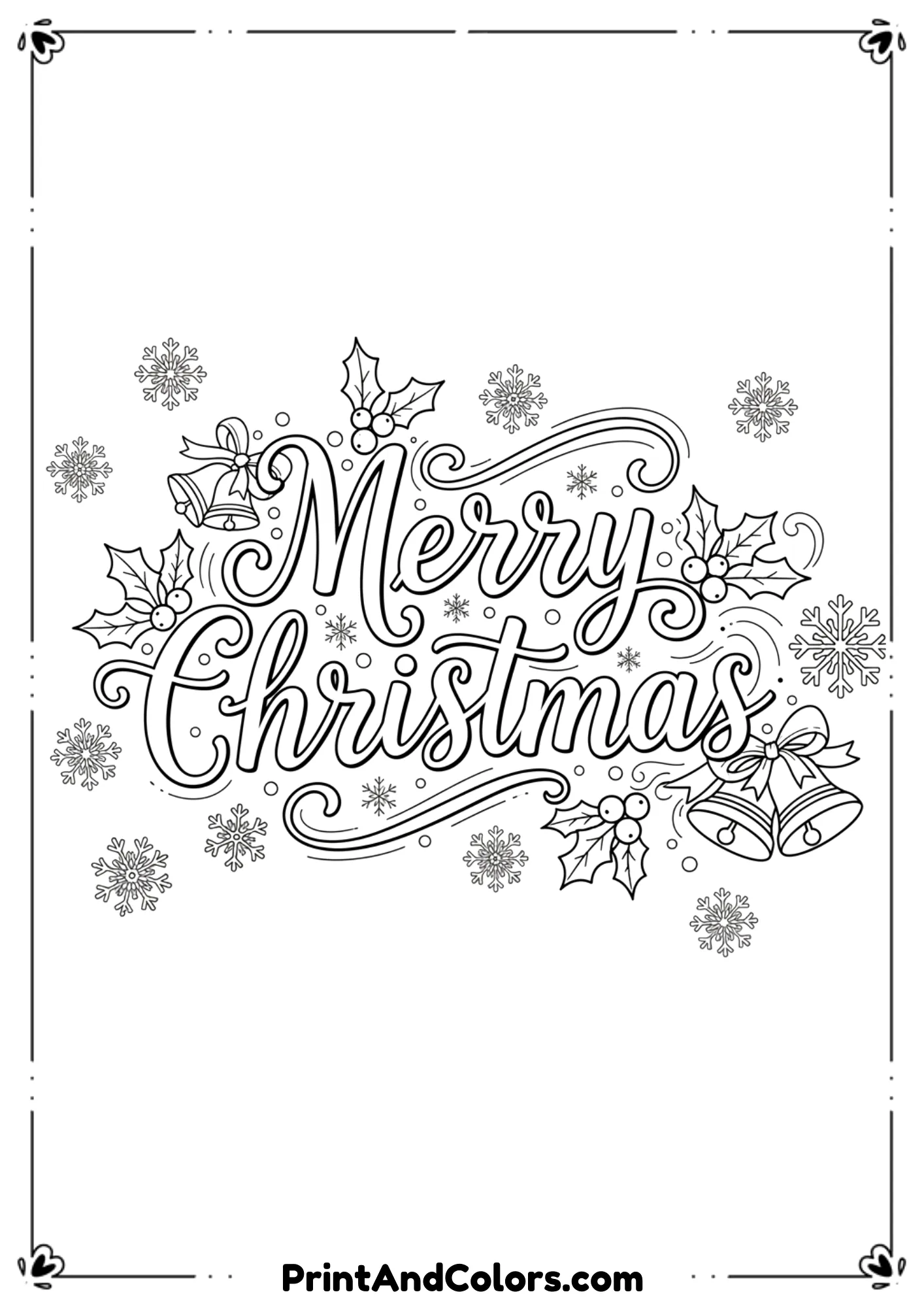  Line art with the words “Merry Christmas” decorated with holly, snowflakes, and bells.
