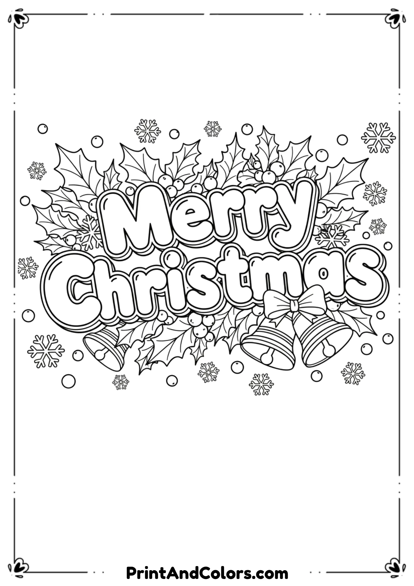 Outline design with bold “Merry Christmas” lettering surrounded by holly, snowflakes, and bells.
