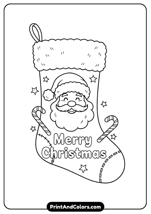 A Christmas stocking featuring Santa’s face or body on the front, decorated with stars, candy canes, and “Merry Christmas” text