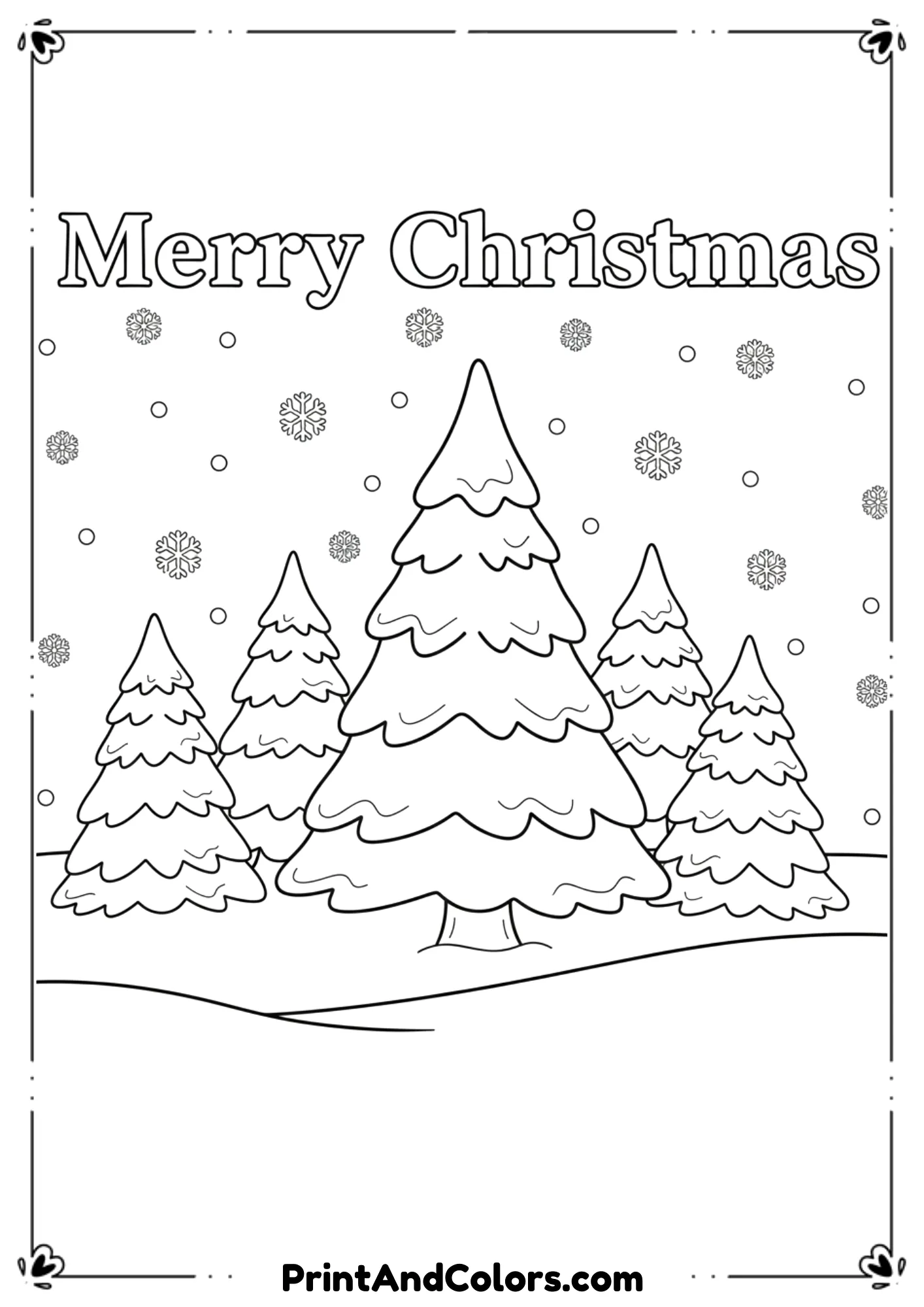  Group of Christmas trees covered in snow with “Merry Christmas” written above in pretty outlined letters. Winter scene, falling snow, simple outlines.
