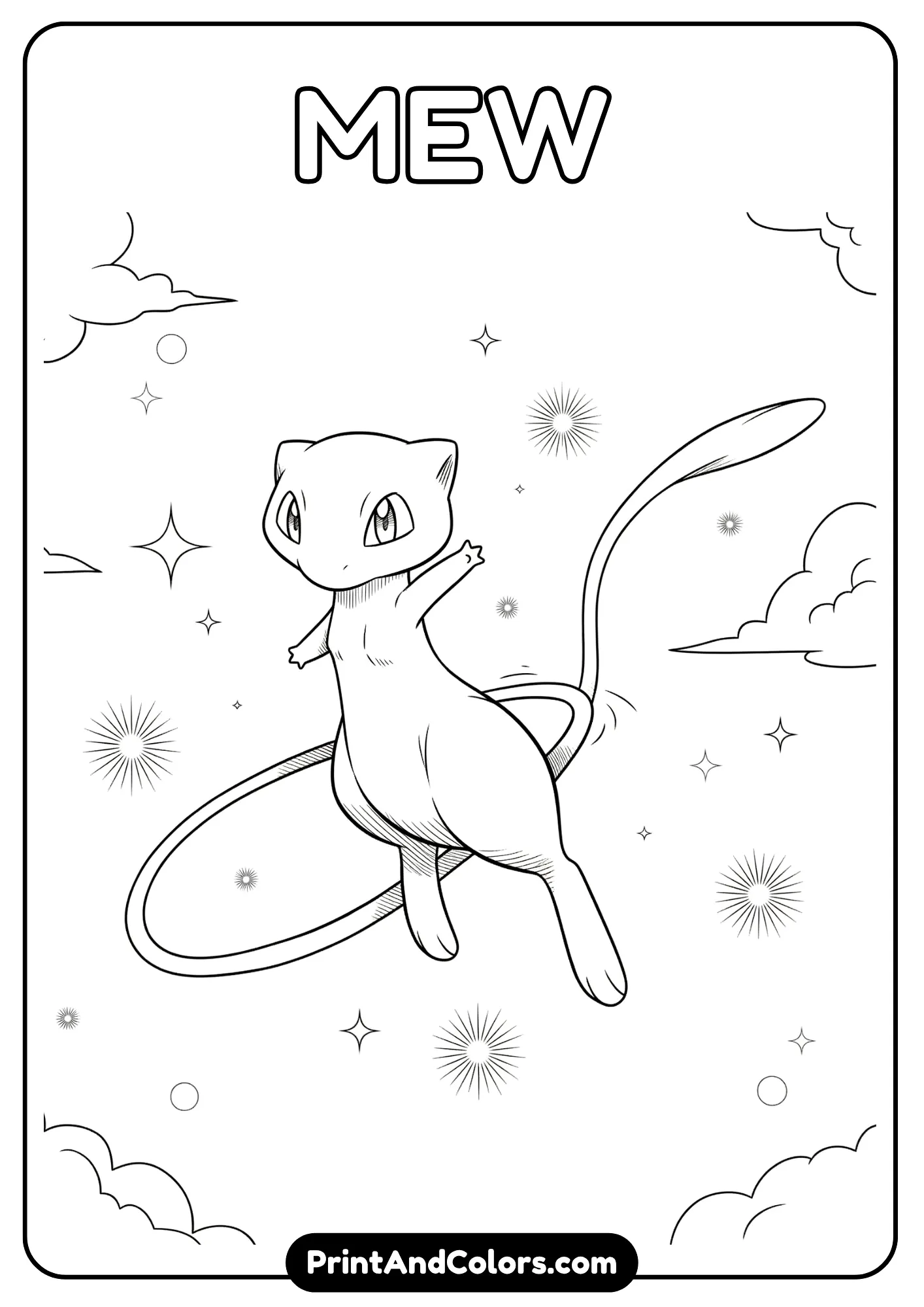 Mew floating peacefully, black-and-white magical art