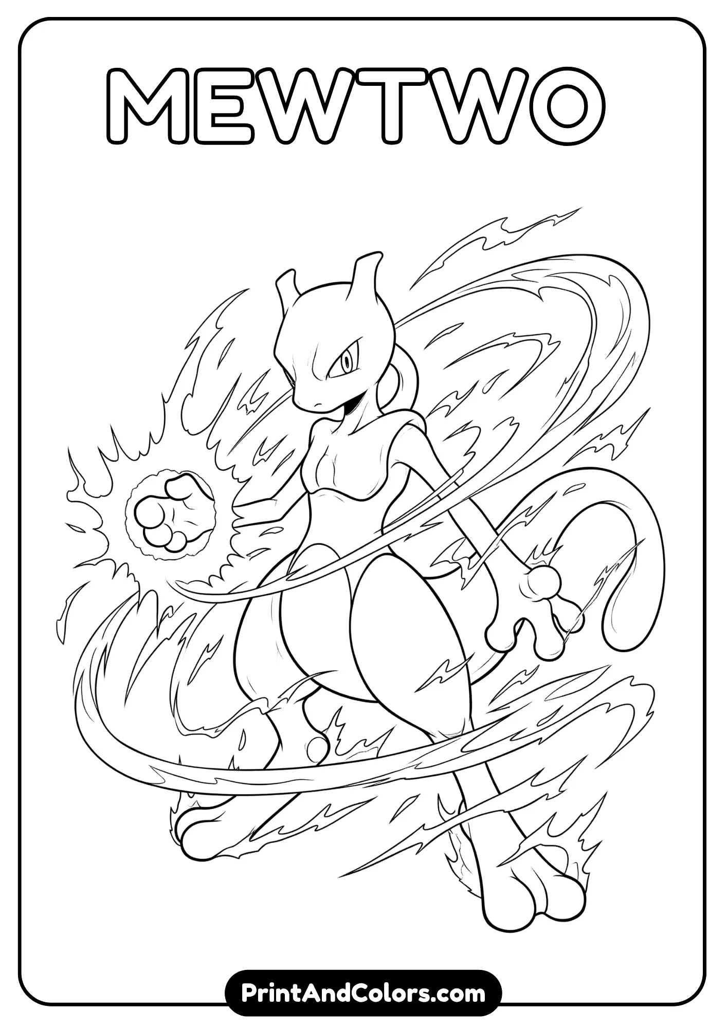 Mewtwo using psychic powers, fierce pose in line art