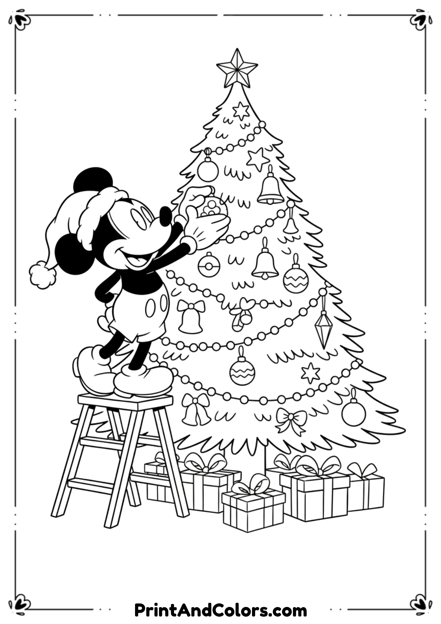 Black and white outline of Mickey Mouse decorating a Christmas tree with ornaments.
