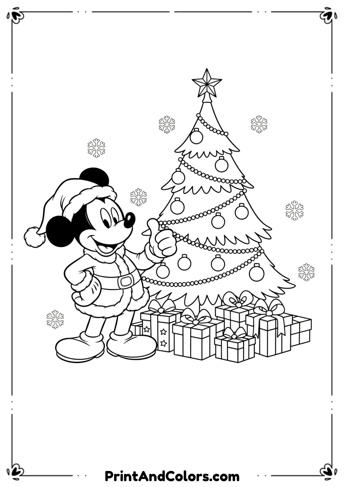 Line art of Mickey Mouse wearing a Santa hat, standing beside a decorated Christmas tree with gifts.
