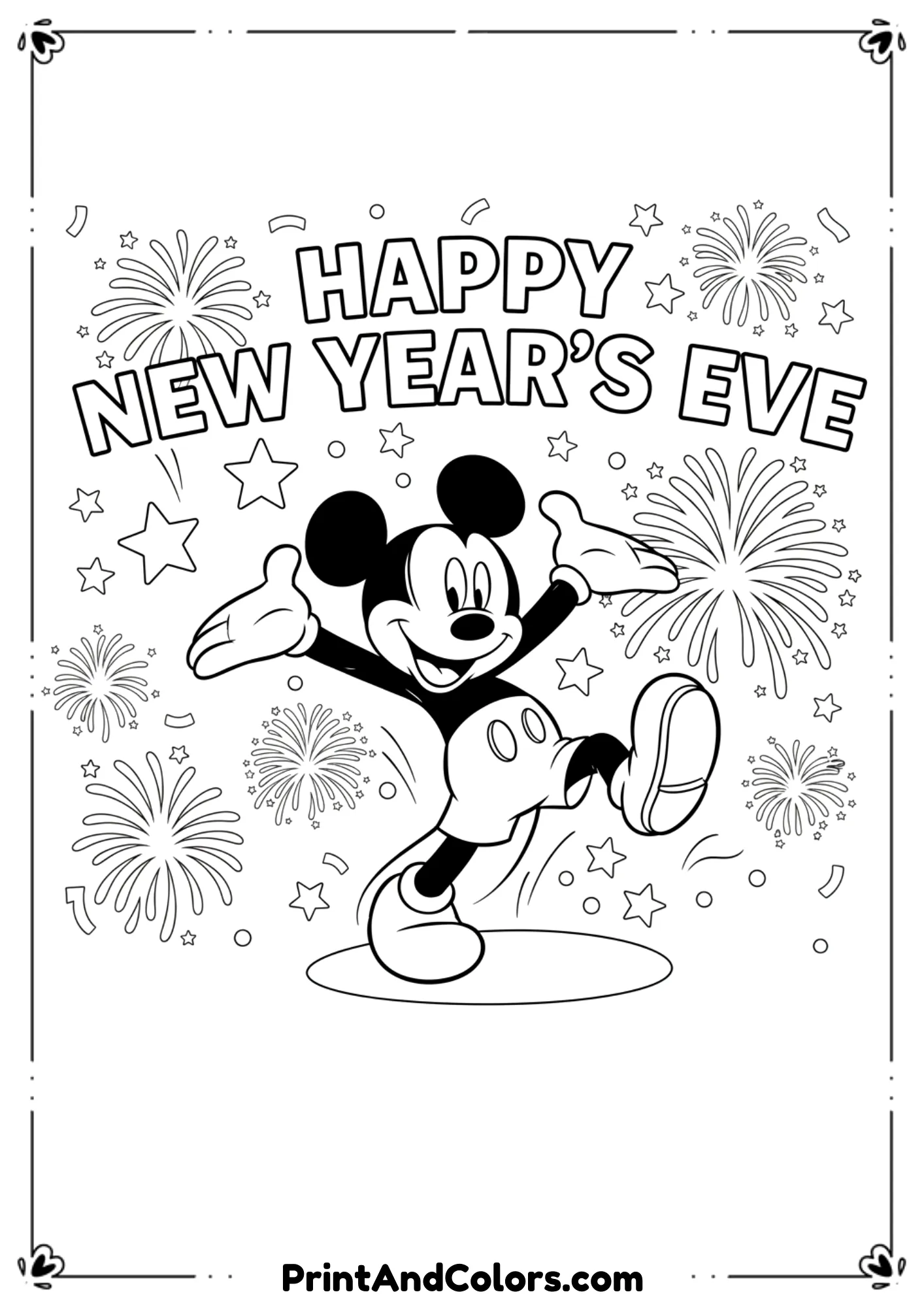  Black and white line art of Mickey Mouse dancing joyfully under large “Happy New Year’s Eve” text, with fireworks, stars, and confetti in the background. Clean outlines, no shading, fun cartoon coloring page.
