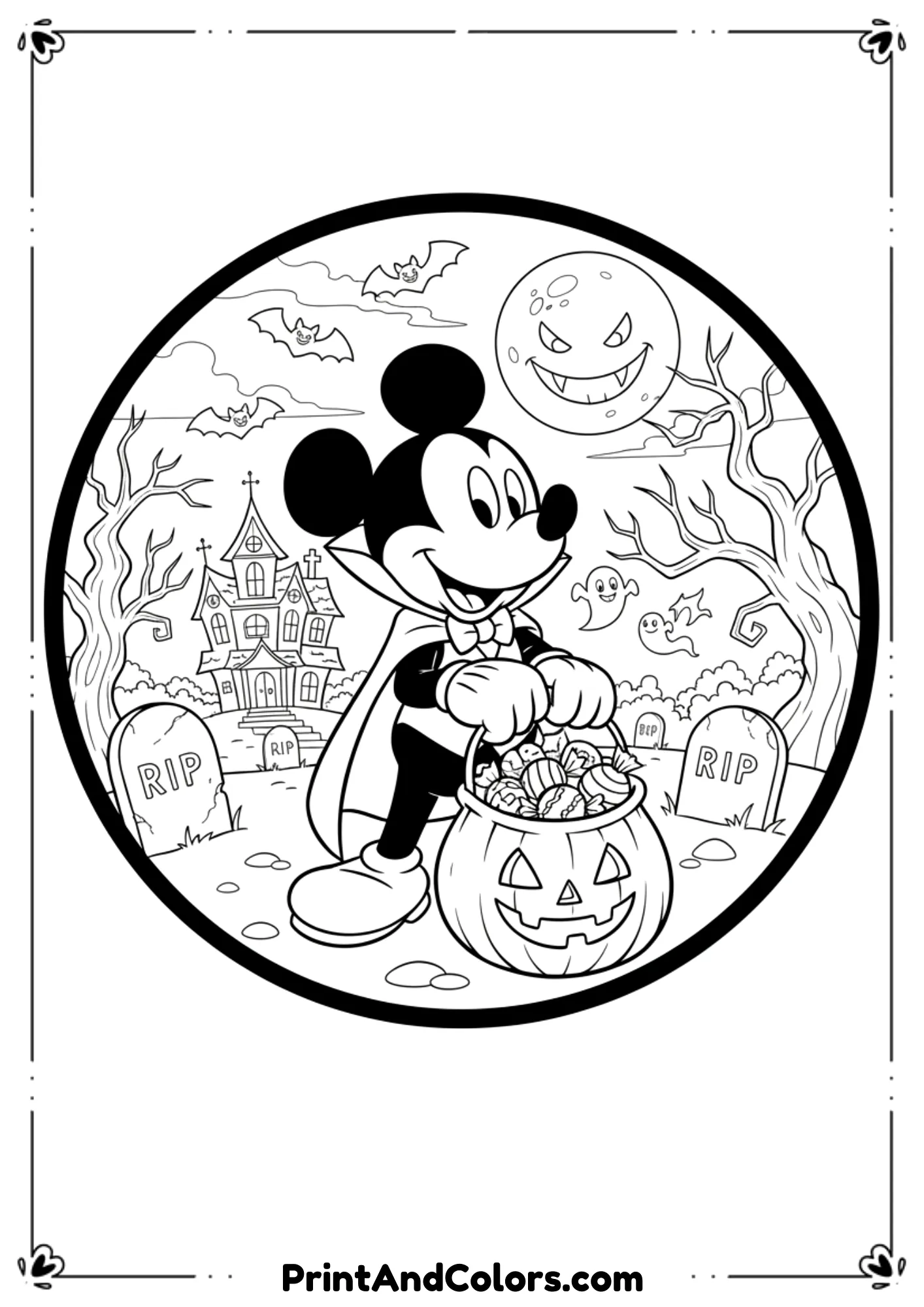 Mickey Mouse in vampire costume holding candy bag, outlined in cartoon black-and-white line drawing.