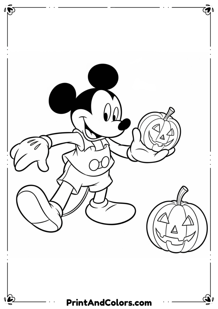 Mickey Mouse in vampire costume holding candy bag, outlined in cartoon black-and-white line drawing.