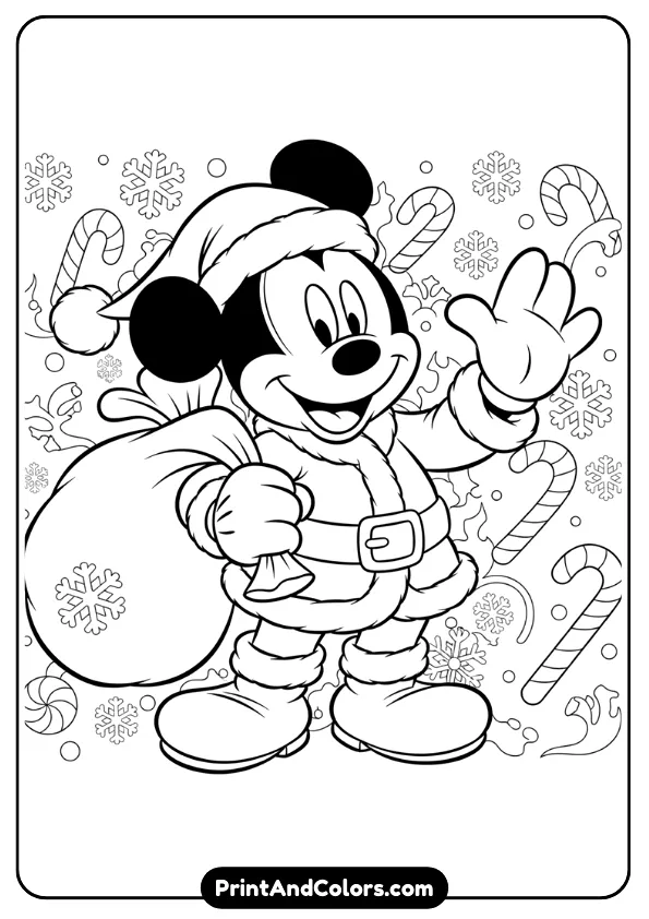 Create a black and white outline of Mickey Mouse dressed as Santa Claus with the iconic ears, suit, and boots. Add snowflakes or candy canes in the background.