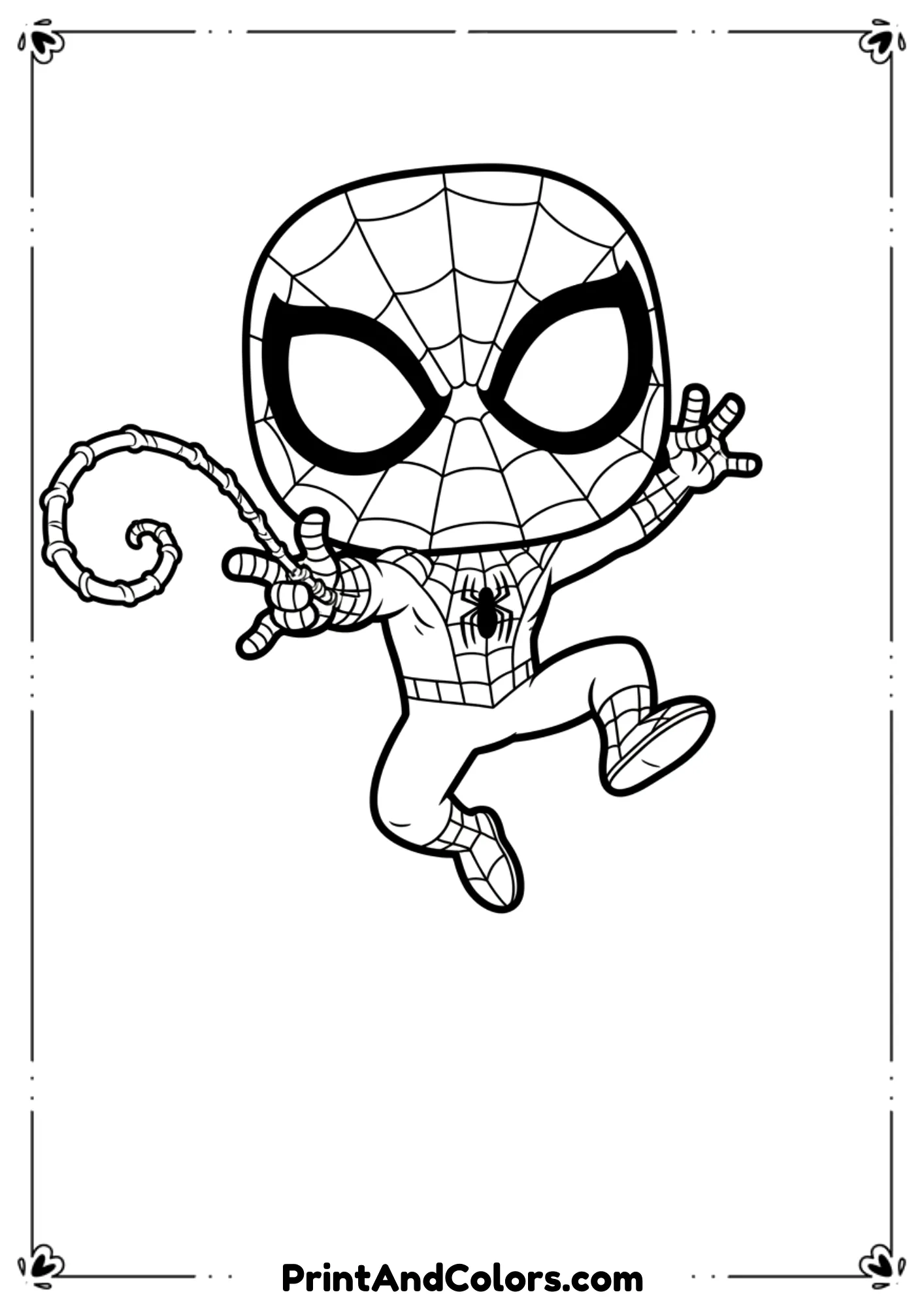 Spider-Man in mid-air, one hand stretched forward aiming webs, strong comic outlines.
