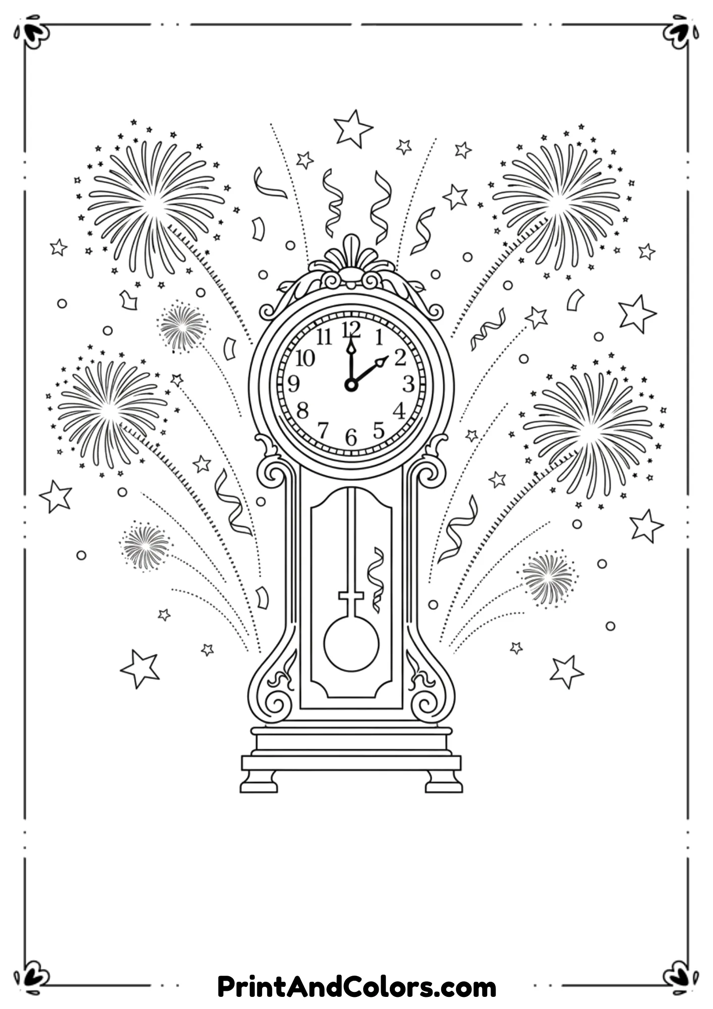 Black and white line art of a large clock showing midnight, surrounded by fireworks, stars, and festive decorations. Clear numbers, bold outlines, no shading, classic New Year coloring page.
