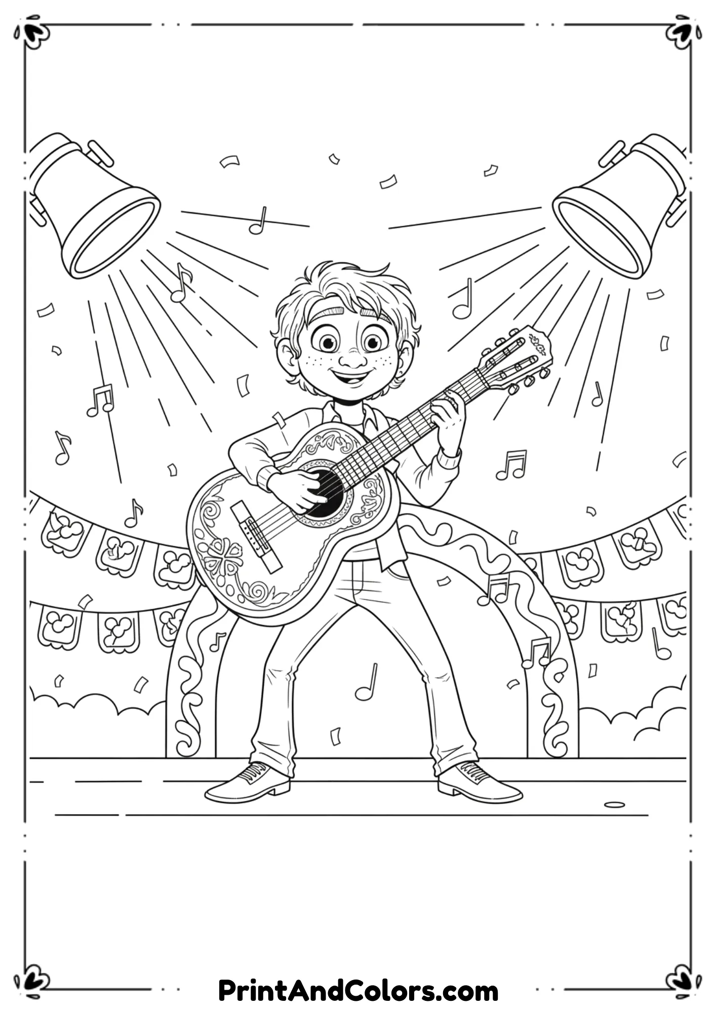 Black and white line drawing of Miguel on stage playing guitar under lights, Coco-inspired coloring sheet with musical details, clean outlines.